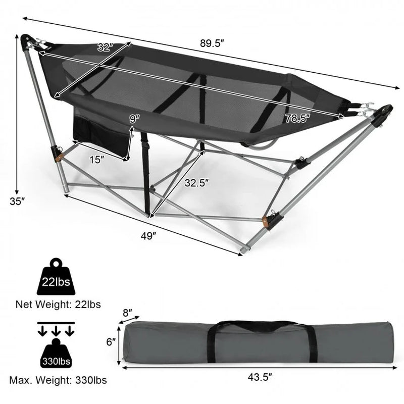 Folding Indoor-Outdoor Hammock with Side Pocket and Iron Stand