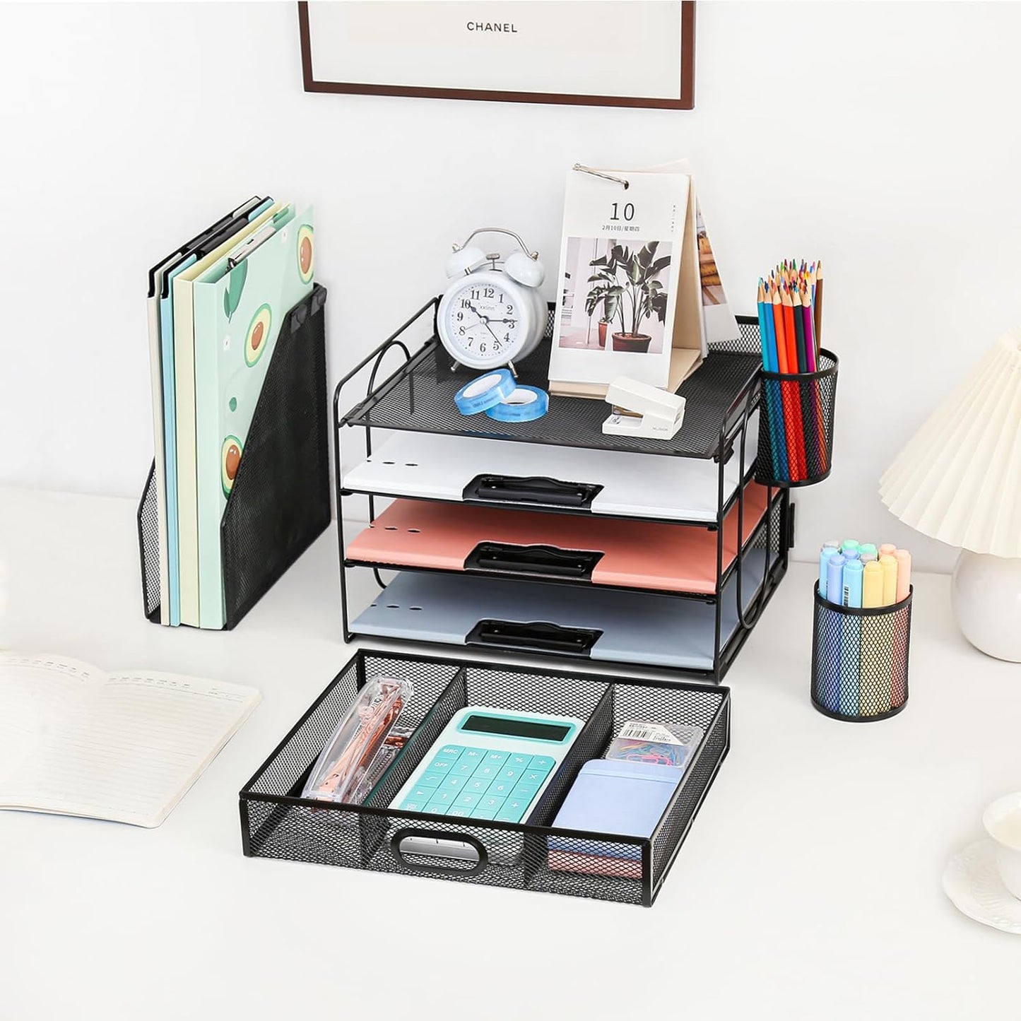 4-Tier Mesh Desk Organizer with File Holder, Drawer, and Pen Holders for Office Supplies