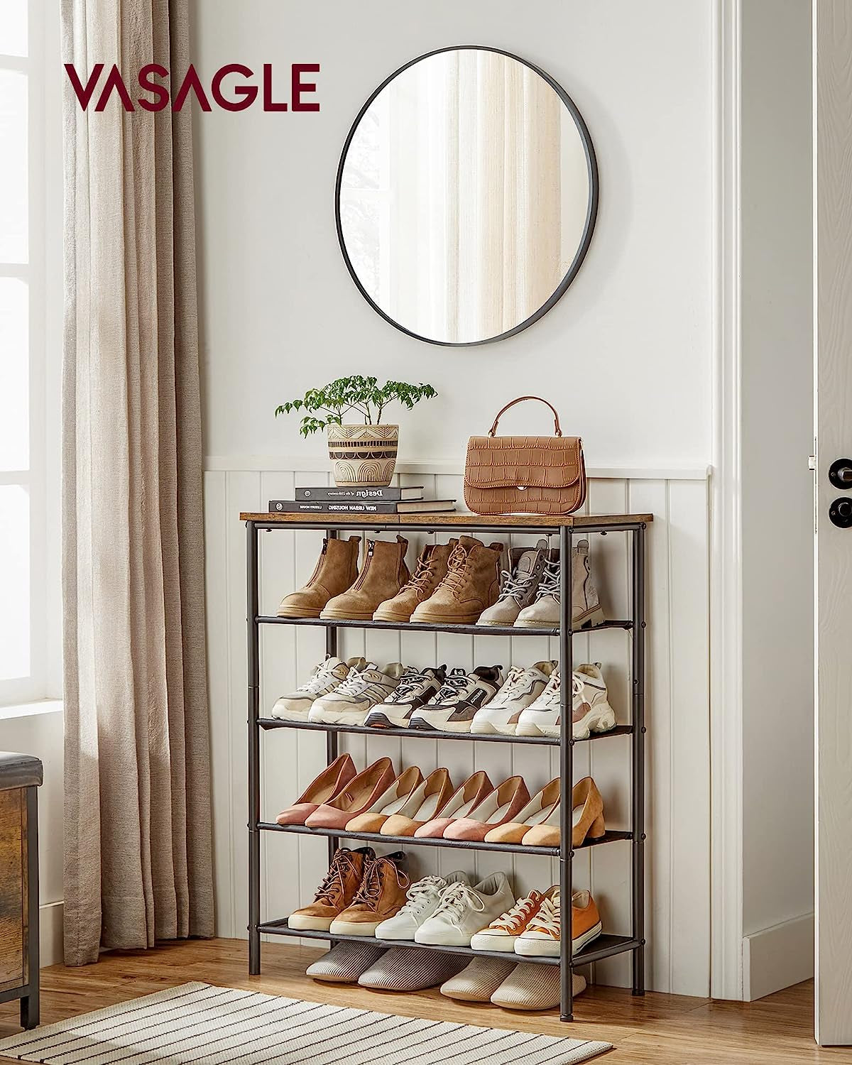 5-Tier Shoe Storage Rack for 15-18 Pairs, Narrow Organizer for Closet and Entryway, Rustic Brown and Black Design