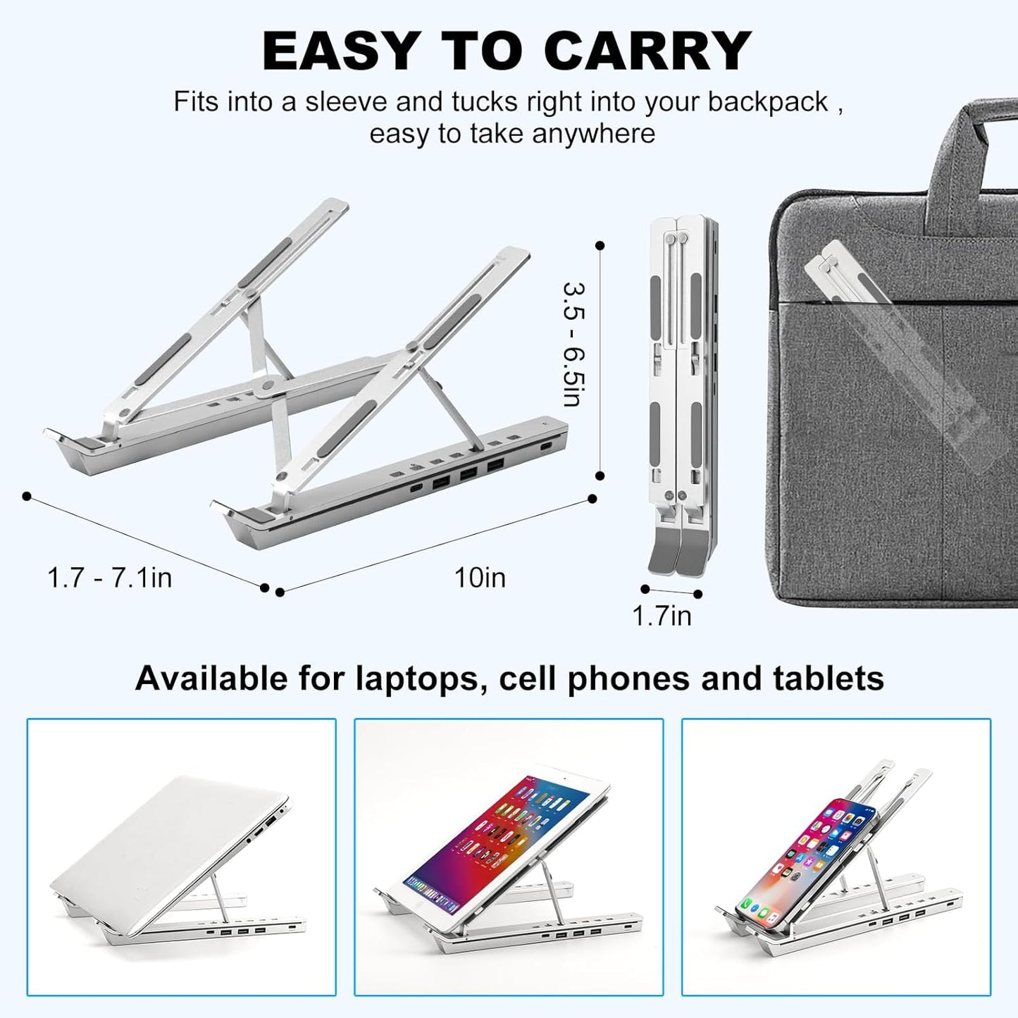 Laptop Stand with Usb、Type C and RGB Lights, Aluminum Adjustable Foldable Laptop Stand for Desk, Ergonomic Portable Laptop Riser Holder