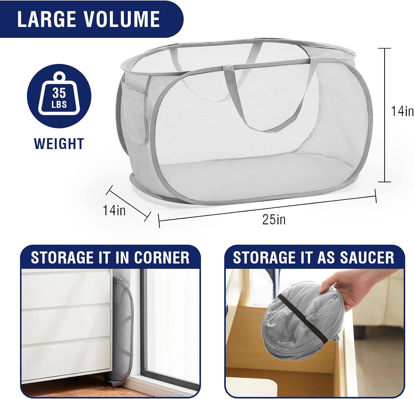 Collapsible Mesh Laundry Basket with Durable Handles and Pockets - Portable and Foldable Clothes Hamper