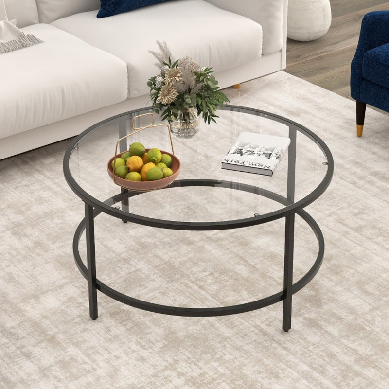 35.5-Inch Round Coffee Table with Tempered Glass Top