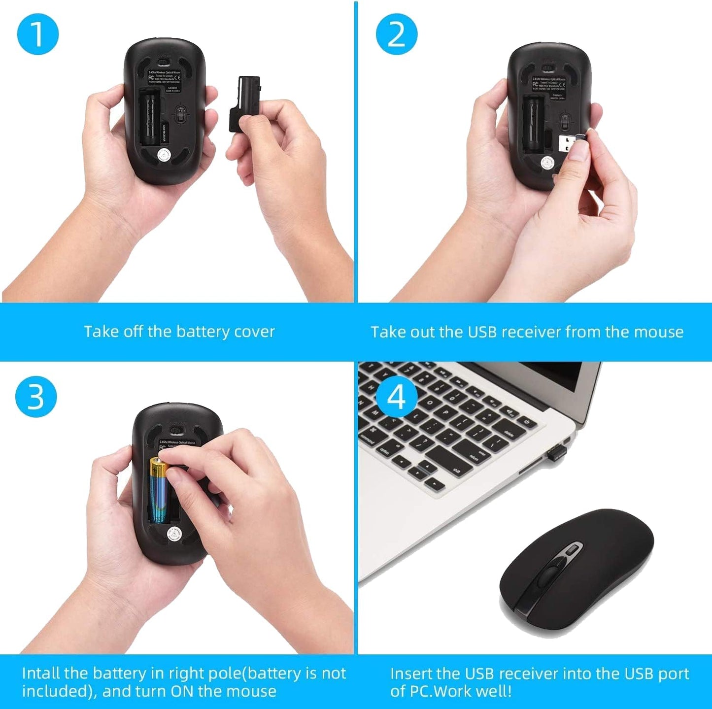 Wireless Ergonomic Optical Mouse with 2.4G Nano Receiver - Low Noise Design for Laptop, Desktop, and MacBook (Black)