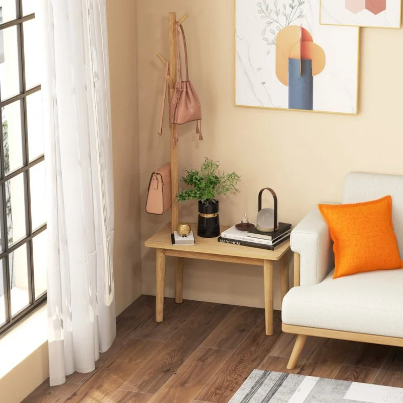 Solid Wood Coat Rack End Table with Integrated Side Table Design