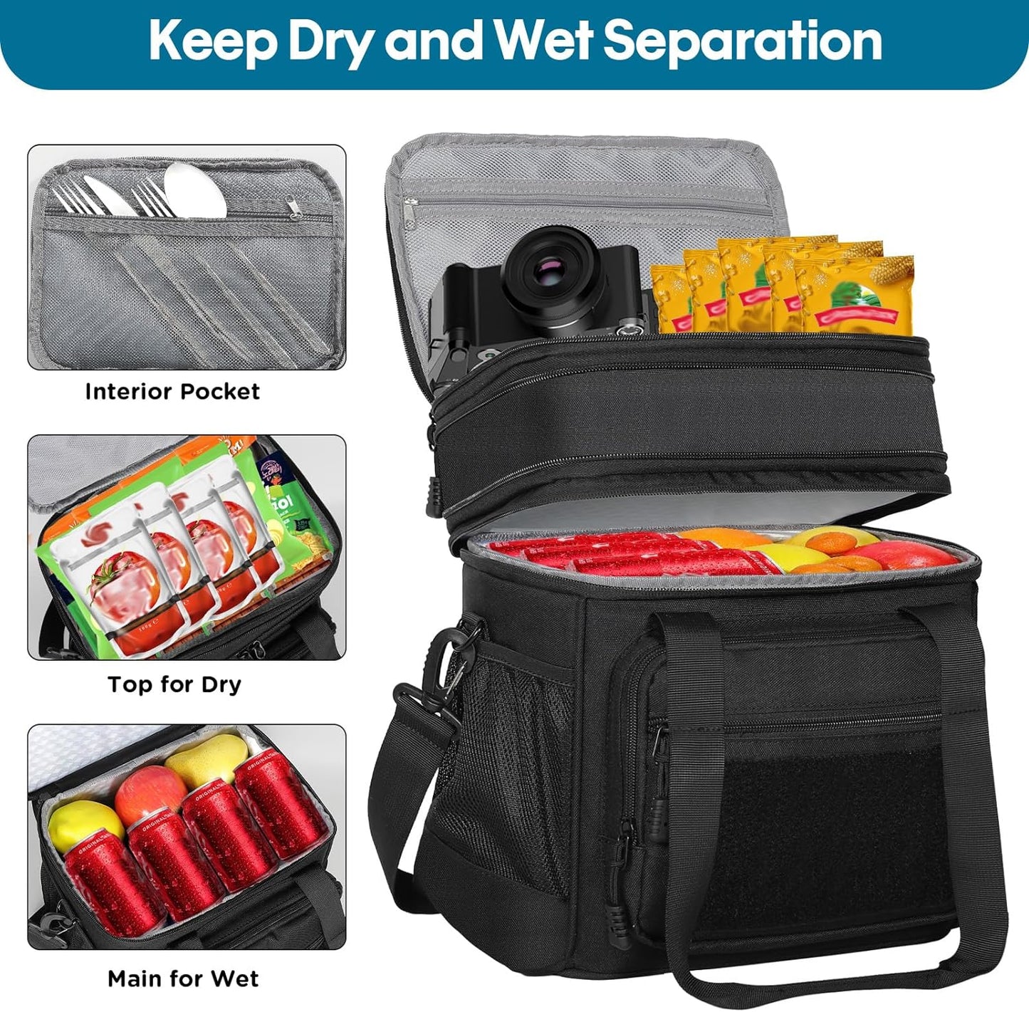 Expandable Tactical Insulated Lunch Box - Double Deck Large Durable Leakproof Cooler Bag for Men and Adults, Black, 16L