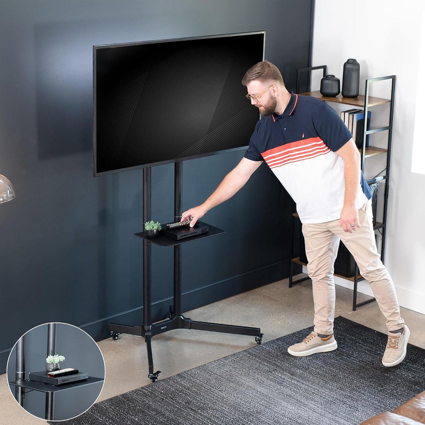 Mobile TV Cart for 32 to 83 Inch Screens, Supports Up to 110 lbs for Flat and Curved Panels, Rolling Stand with Shelf, Locking Wheels, VESA 600x400, Black