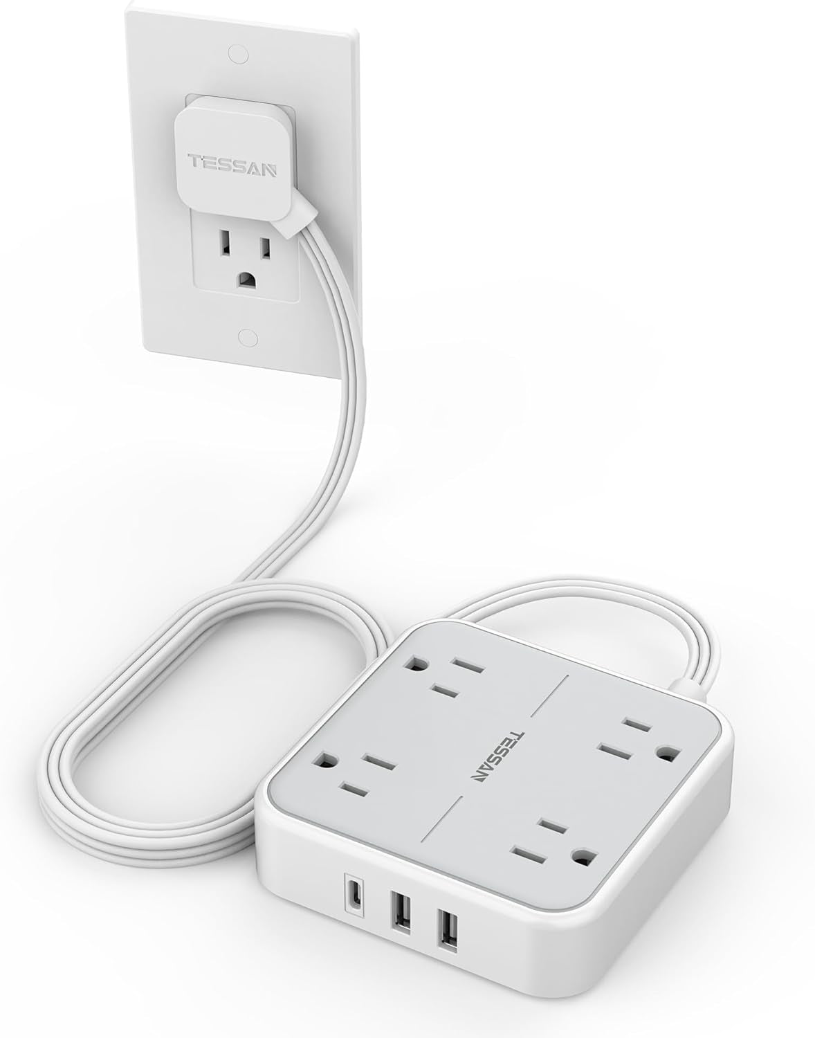 Flat Plug Power Strip with Surge Protection, 5-Foot Extension Cord, 4 Outlets and 3 USB Ports (1 USB-C), Gray