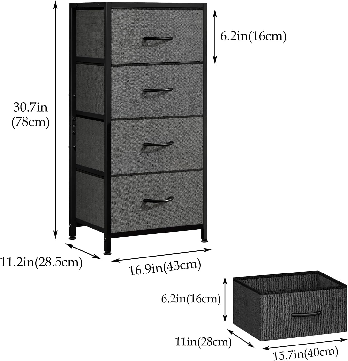 4-Drawer Dresser Vertical Storage Tower Fabric Dresser for Bedroom, Hallway, Entryway, Closet Organizer, Nightstand Bedside Table Furniture,Wooden Top (4-Tier, Black)