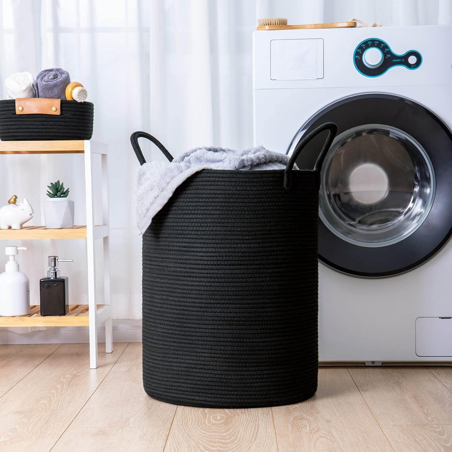 Large Woven Laundry Basket - Tall Rope Hamper for Clothes, Toys, Towels, and Blankets - Black, 15 x 20 Inches
