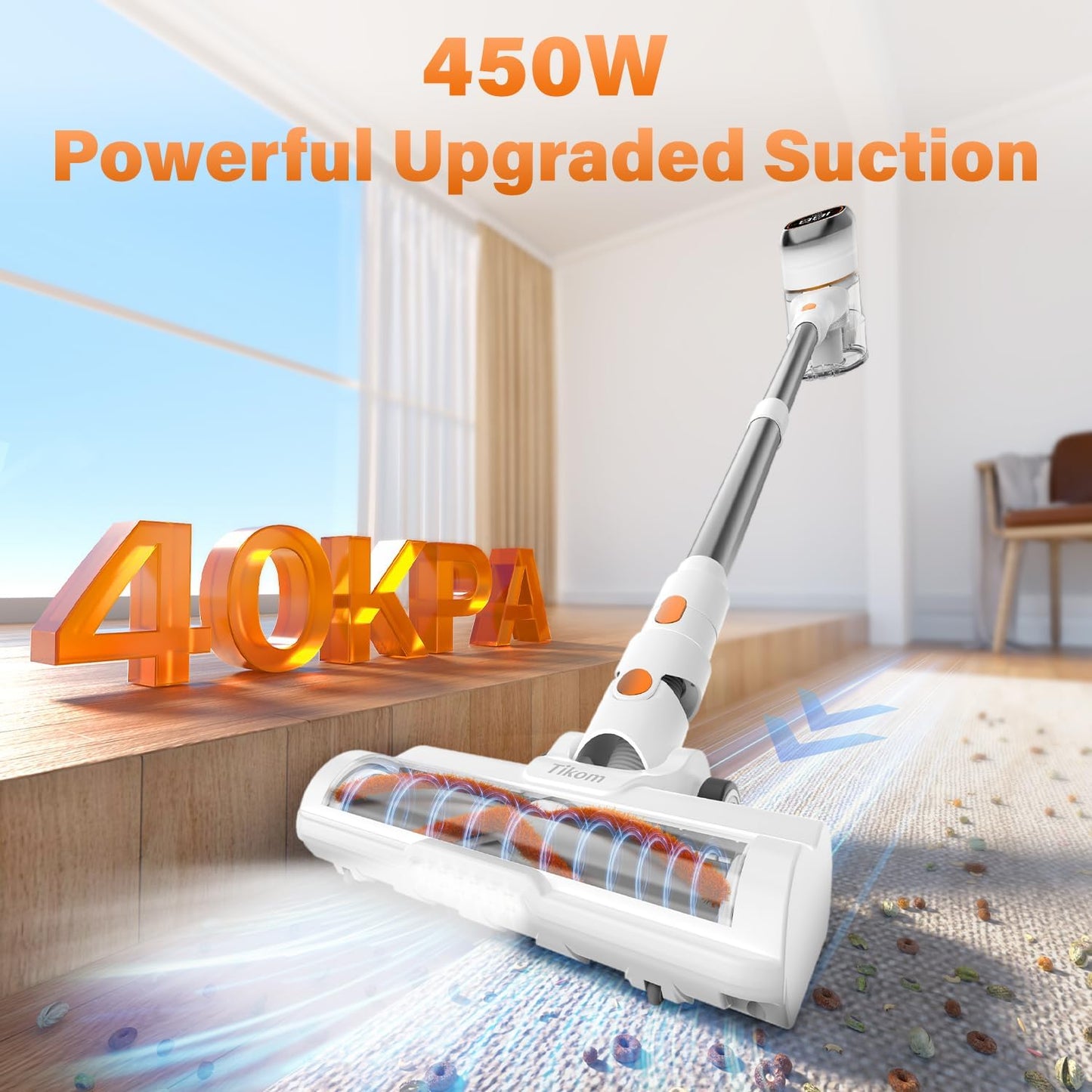 Cordless Stick Vacuum Cleaner V500 - 40000Pa/450W with LED Touch Screen, Wall-Mounted Charging Dock, Anti-Tangle Technology, Lightweight Handheld Design