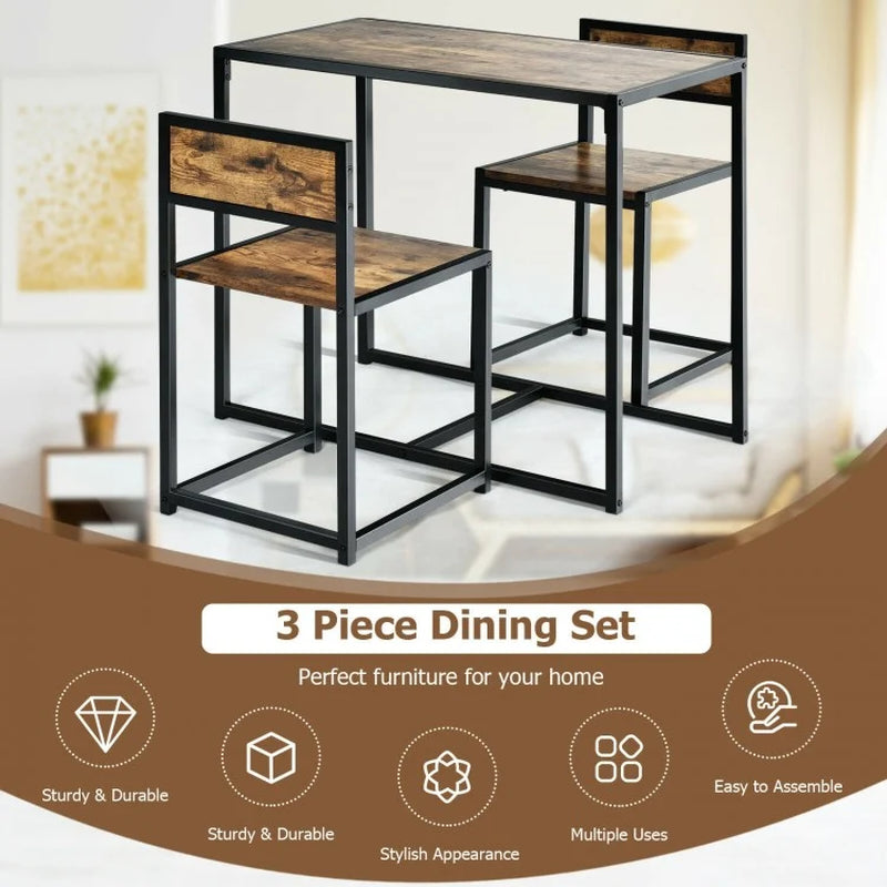Compact 3-Piece Dining Set with Metal Frame: Table and 2 Chairs for Small Spaces