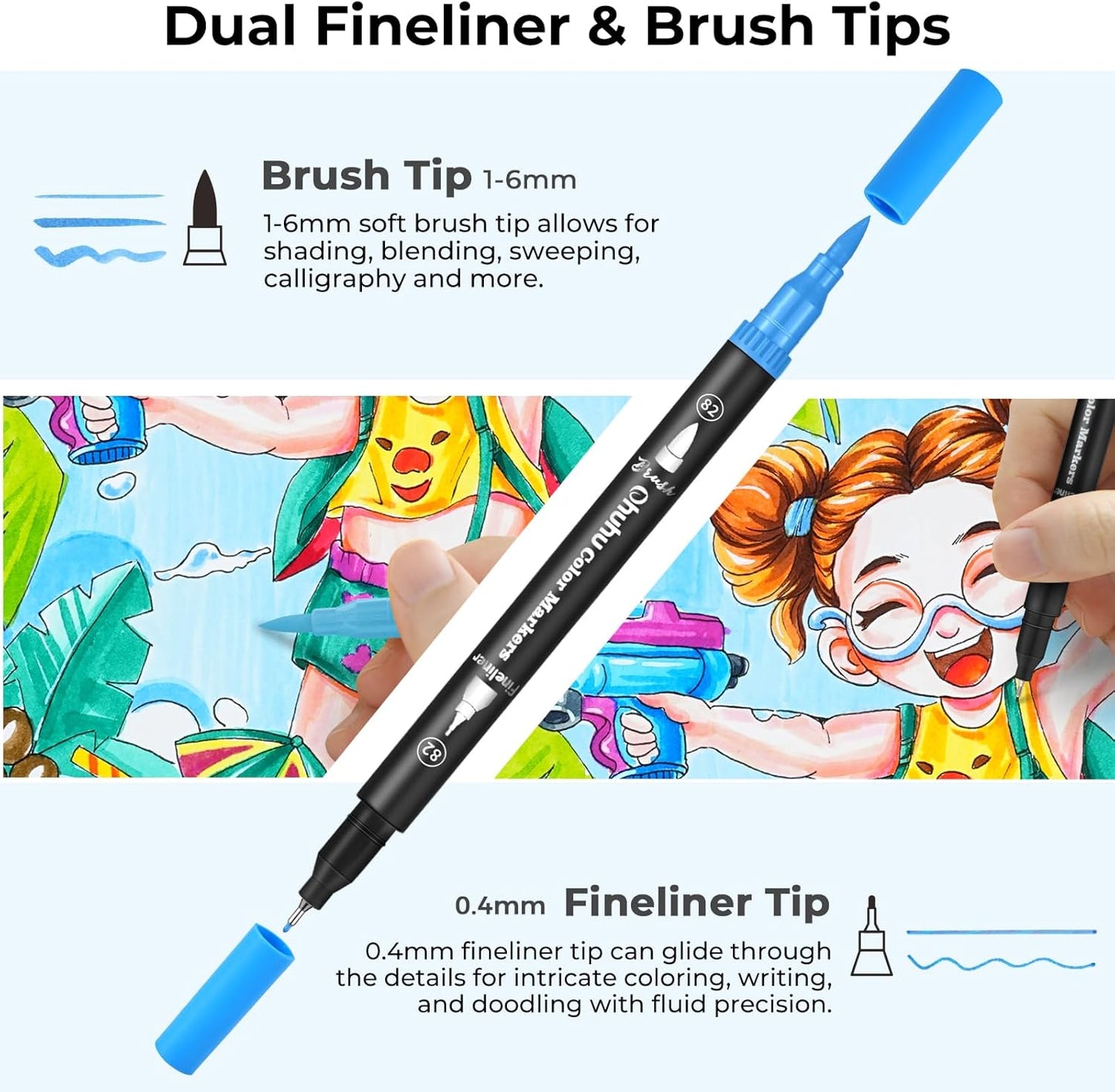 60-Color Dual-Tip Art Markers Set - Water-Based Brush and Fineliner Pens in Black Box