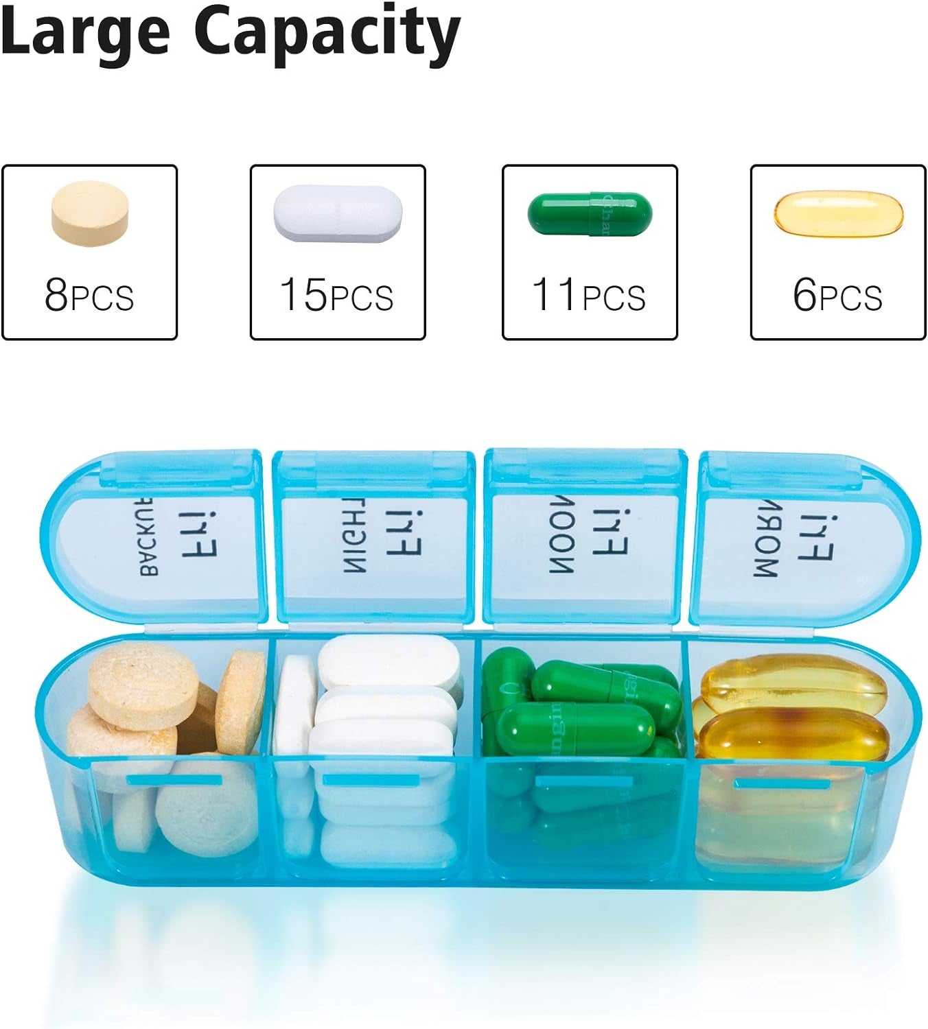 Weekly Pill Organizer with Four Compartments, 7-Day Medication Management System for Vitamins and Medications