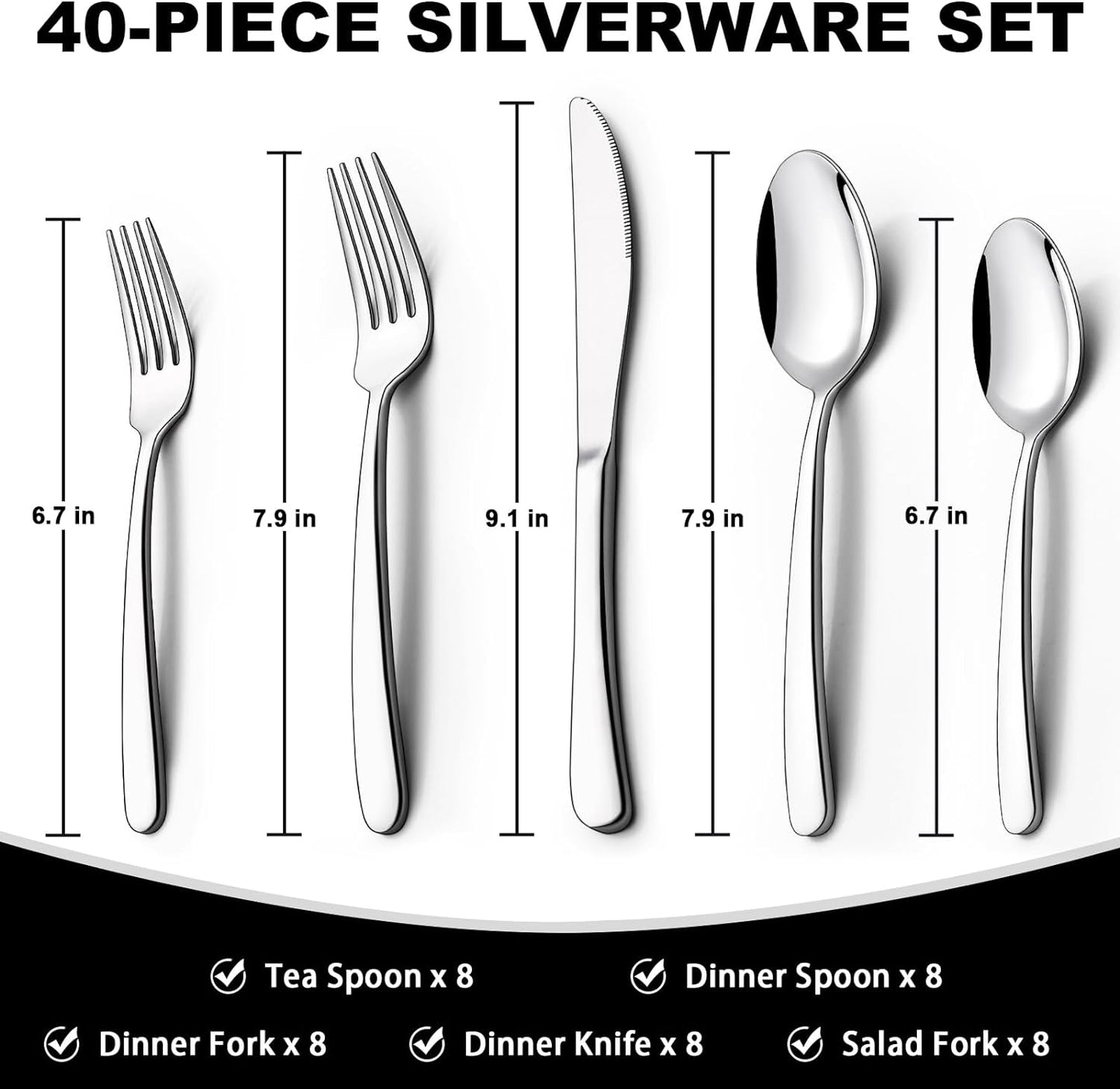 40-Piece Heavy-Duty Stainless Steel Flatware Set for 8, Food-Grade Tableware Cutlery, Dishwasher Safe with Mirror Finish