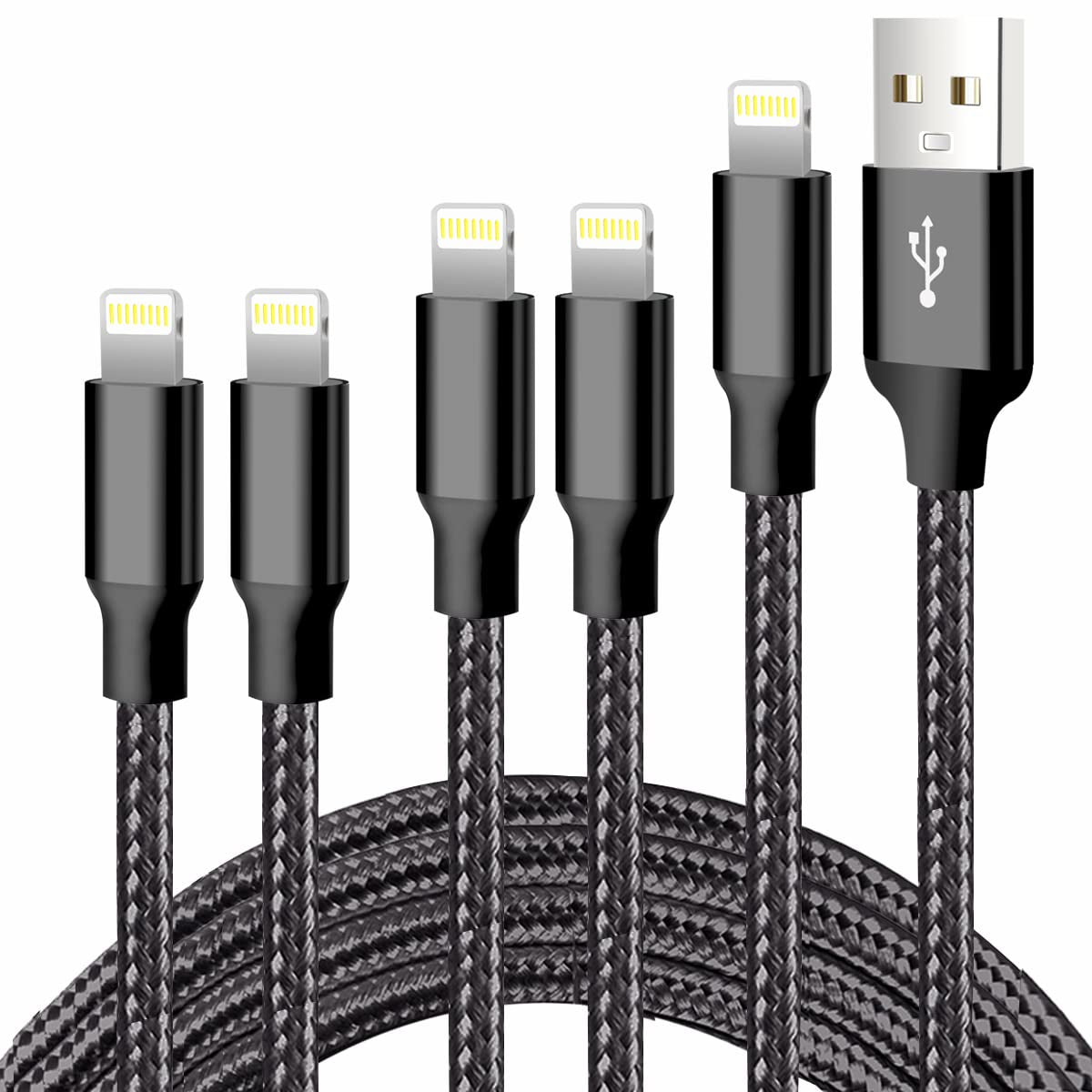 Iphone Charger, 5 Pack 3/3/6/6/10FT Apple Mfi Certified USB Lightning Cable Nylon Braided Fast Charging Cord Compatible for Iphone - Black