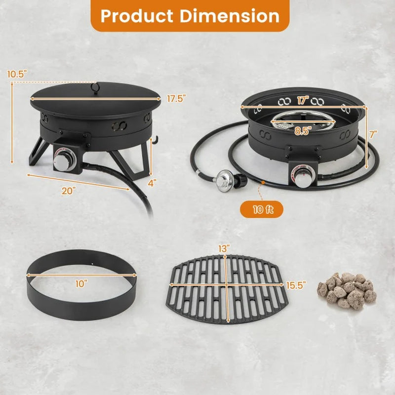 17-Inch Portable Gas Fire Pit with Collapsible Legs and Detachable Grill for Outdoor Camping