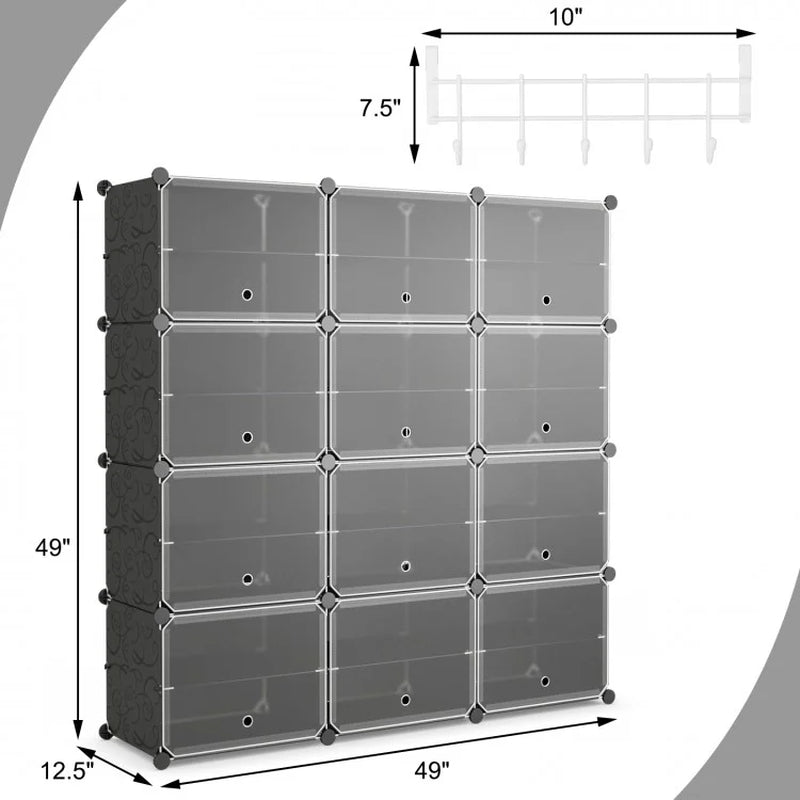 12-Cube Portable Shoe Organizer with Hooks for 48 Pairs