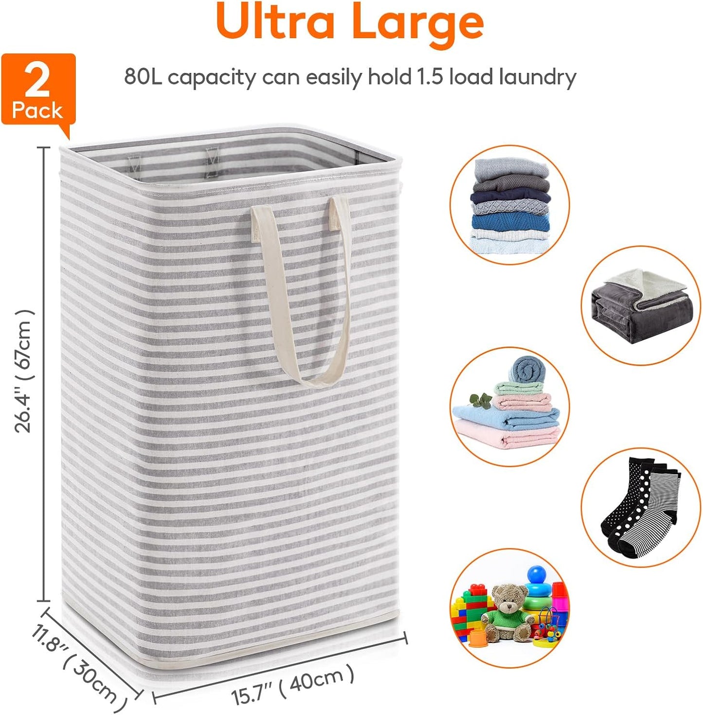 2-Pack 80L Freestanding Laundry Hamper, Collapsible, Easy Carry Extended Handles, Grey