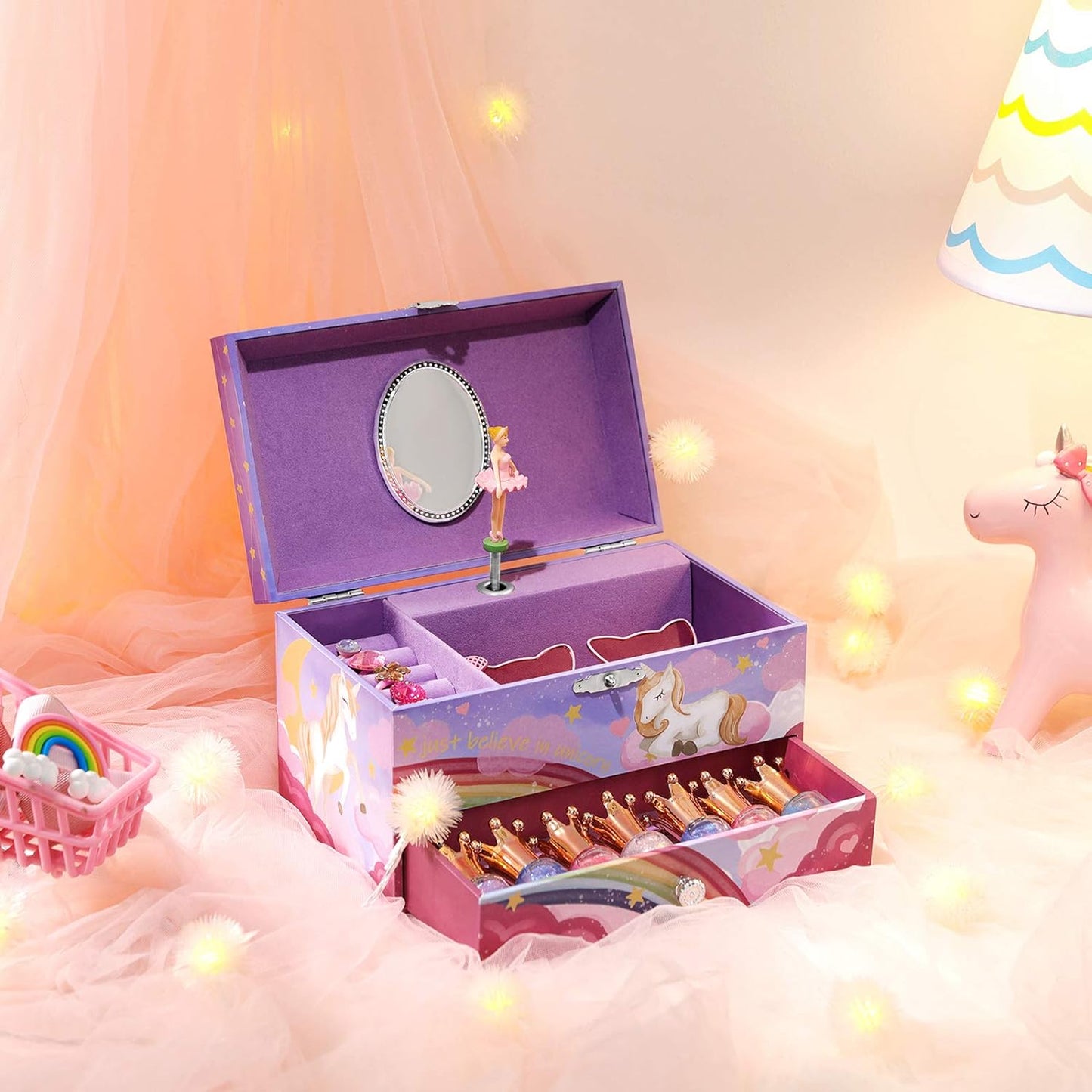 Music Jewelry Box, Ballerina Music Box, Rainbow and Unicorn, 7.5 X 4.3 X 4.3 Inches, Purple