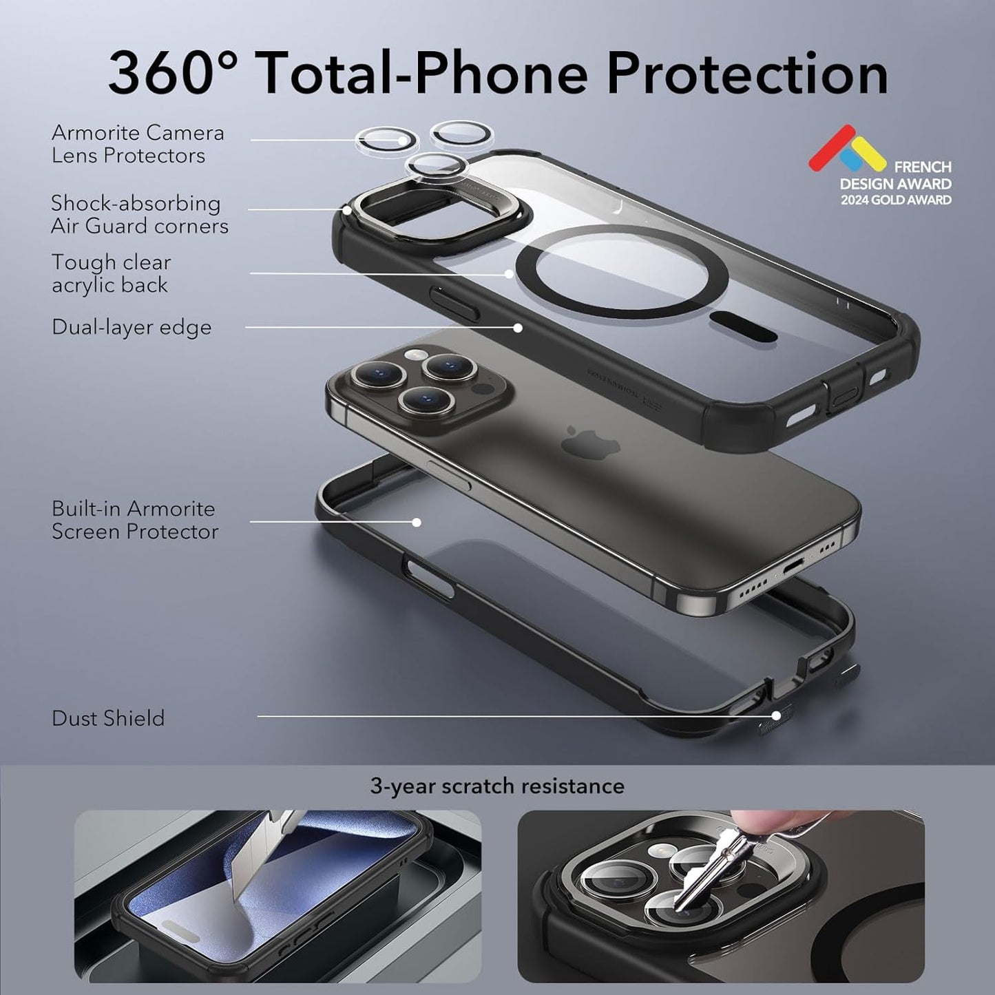 iPhone 15 Pro Max Armor Series Case: Full-Body Shockproof MagSafe Protection with Built-In Stash Stand and Individual Lens Protectors - Black