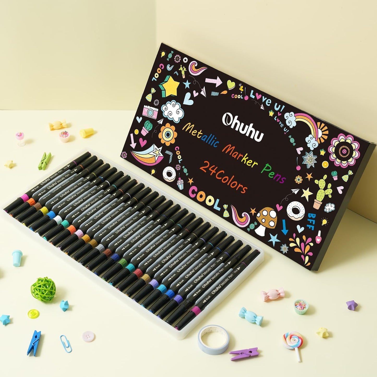 24-Piece Metallic Brush Markers Set, Dual Tip Glitter Pens-Acrylic Painting, DIY Cards, Coloring, Scrapbooking, Rock Art, Crafts