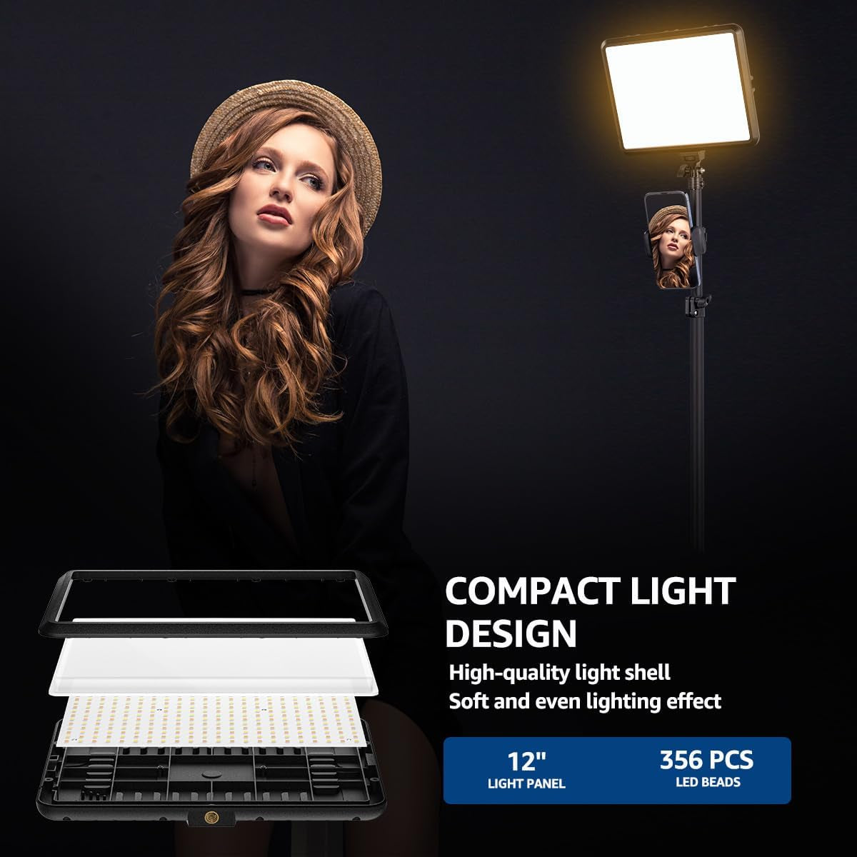 2-Pack LED Video Light Kit with Adjustable Color Temperature (2800-6500K), Dimmable Continuous Lighting, Tripod Stand & Phone Holder