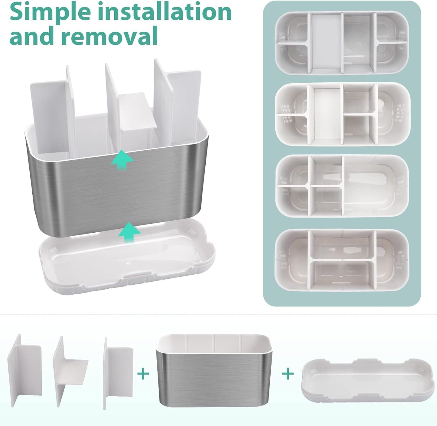 Brushed Nickel Toothbrush and Toothpaste Organizer Caddy with Adjustable Dividers for Bathroom and Kitchen Storage (Silver)