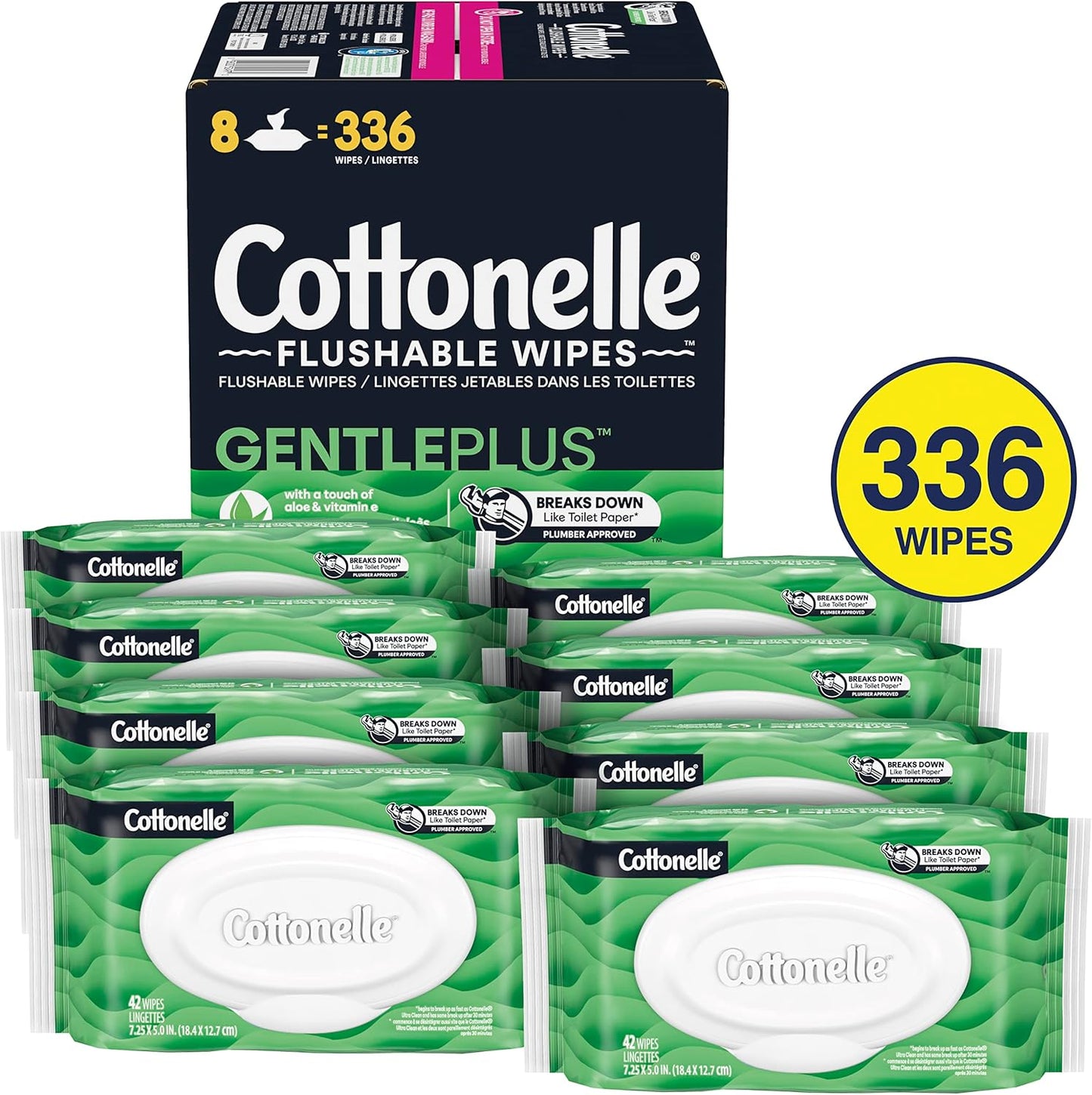 Gentleplus Flushable Wet Wipes - Aloe & Vitamin E, Adult Wet Wipes, 8 Flip-Top Packs, 42 Wipes per Pack (336 Total Flushable Wipes)