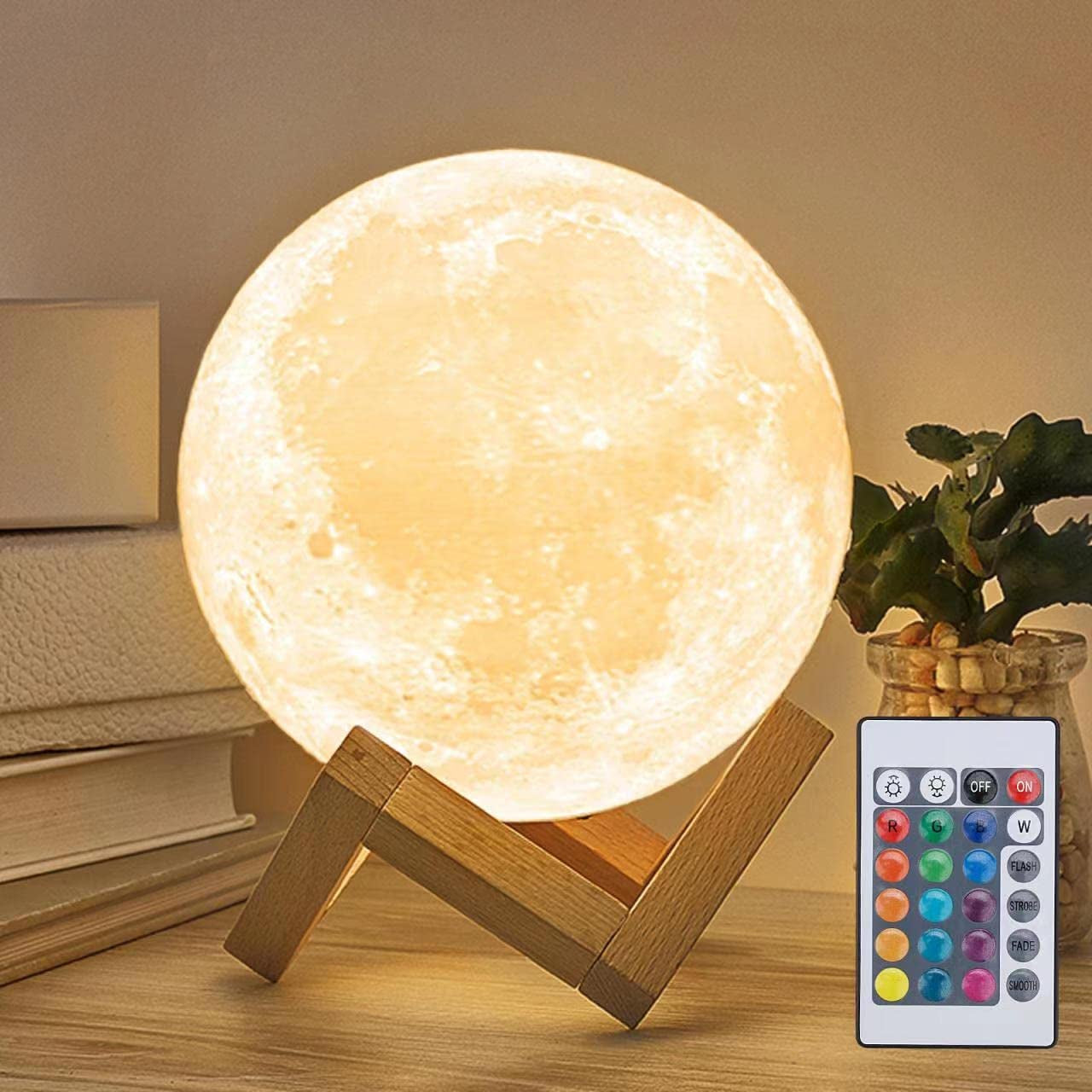 Moon Lamp-Home Décor, Mothers Day Gift with Brightness Control, Gift for Women, LED Night Light, Bedroom, Living Room, Kids Birthday Gift, Ceramic Hand Base, 3.5", White & Yellow
