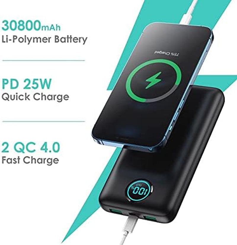 Portable Charger Power Bank 30,800Mah LCD Display,25W PD Fast Charging +QC, Tri-Outputs Battery Pack (Black)