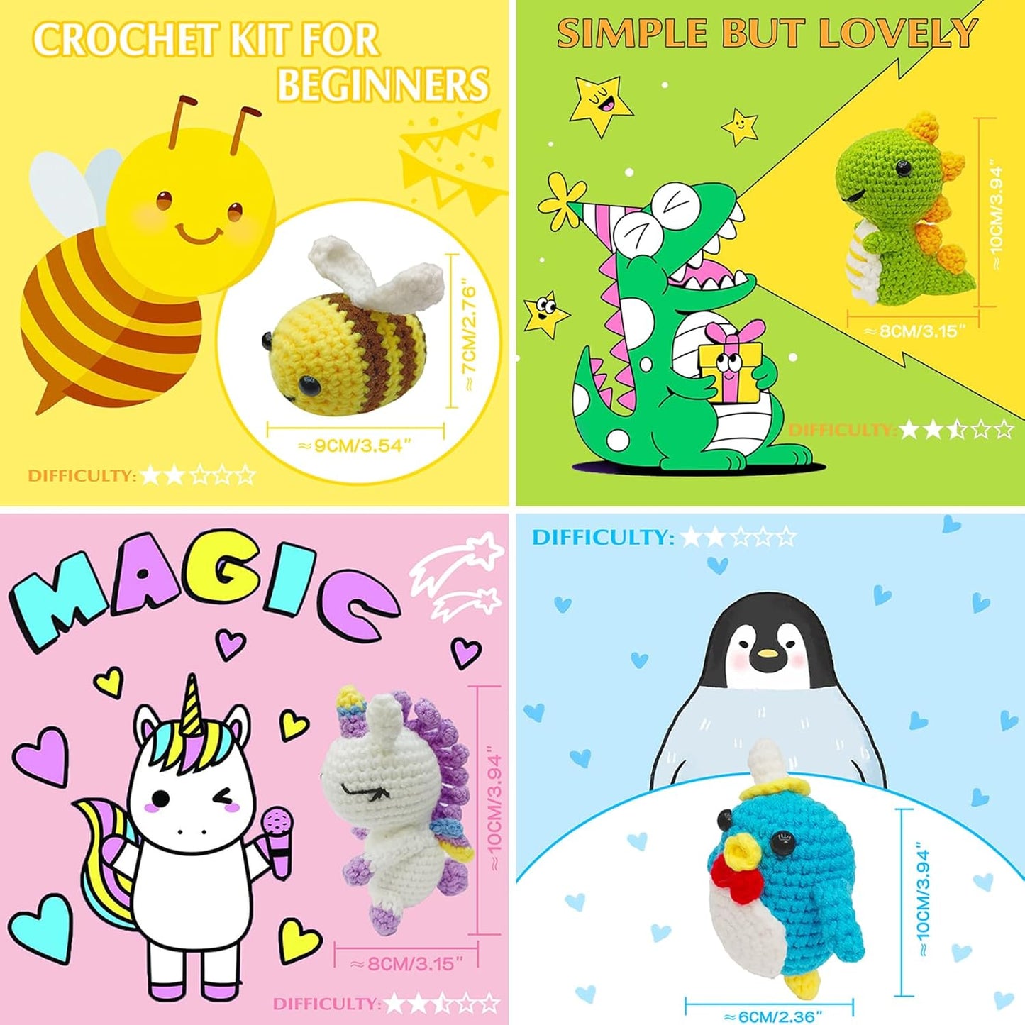 Beginner's Crochet Kit: 4-Piece Animal Crochet Set with Step-by-Step Video Tutorials, Complete DIY Kit Including Yarn, Eyes, Stuffing, and Crochet Hook - Ideal Gift for All Ages