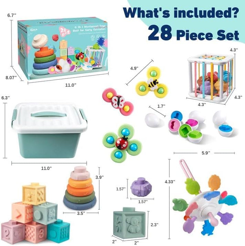 6-in-1 Montessori Baby Toys Ages 6-18 Months, Stacking Building Blocks, Pull String Teething Sensory Toys