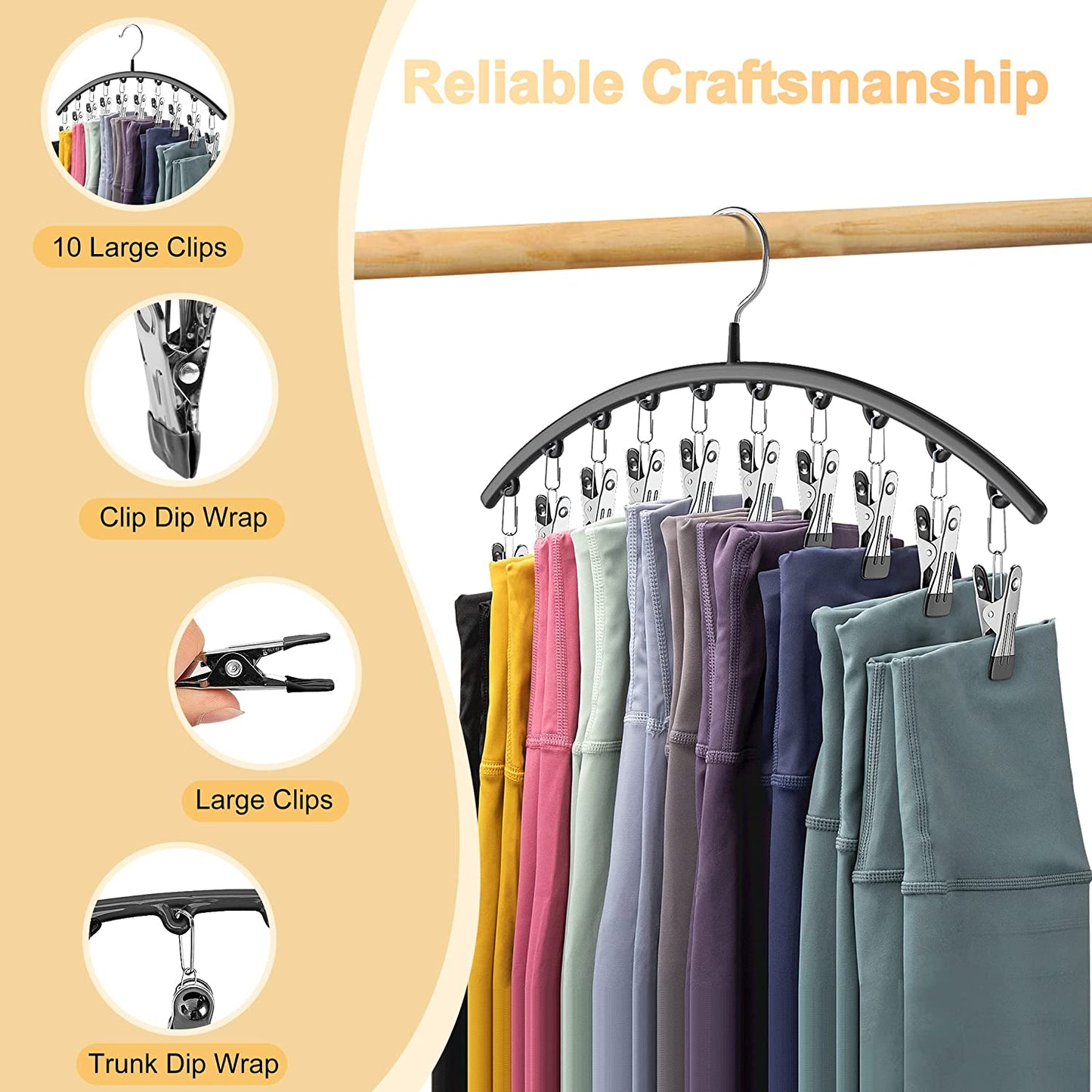 Legging Organizer - Closet Metal Pants Hangers (2 Pack) -10 Clips, Space-Saving Hanging Storage Solution - Rubber Coated Organizers, Black