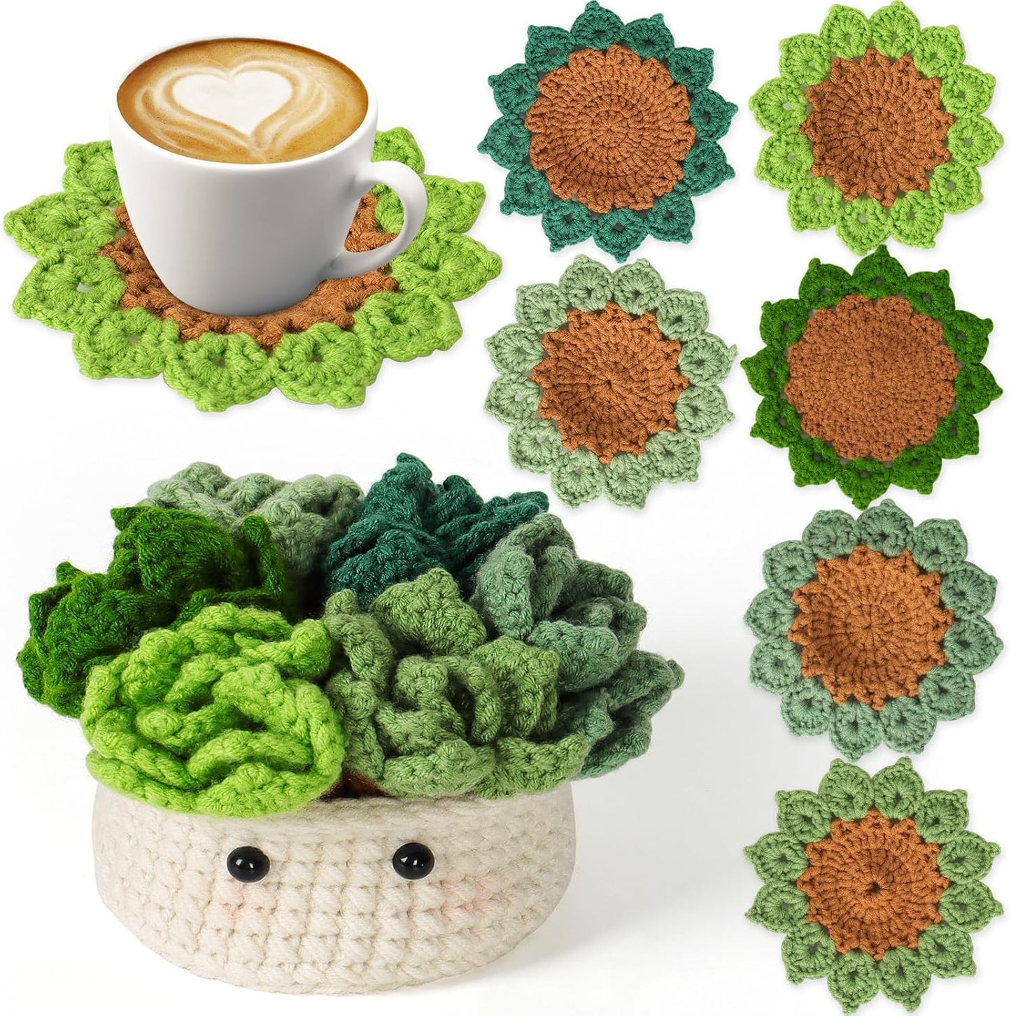 Beginner's Crochet Kit: 6-Piece Flower Potted Plant Coaster Set with Crochet Hook, Colorful Yarn, Stitch Marker, and Instruction Manual for Craft Enthusiasts