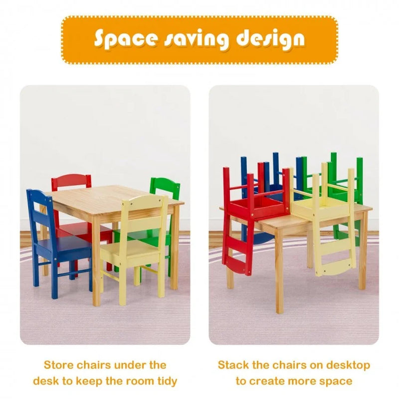 5 Pieces Kids Pine Wood Table Chair Set