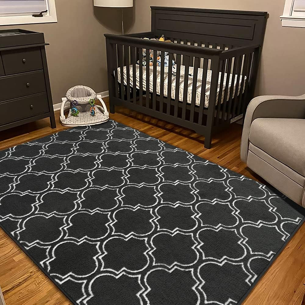 Shag Area Rug, 4' x 6' Soft Trellis Design for Bedroom and Living Room, Memory Foam Indoor Carpet, Gray/White