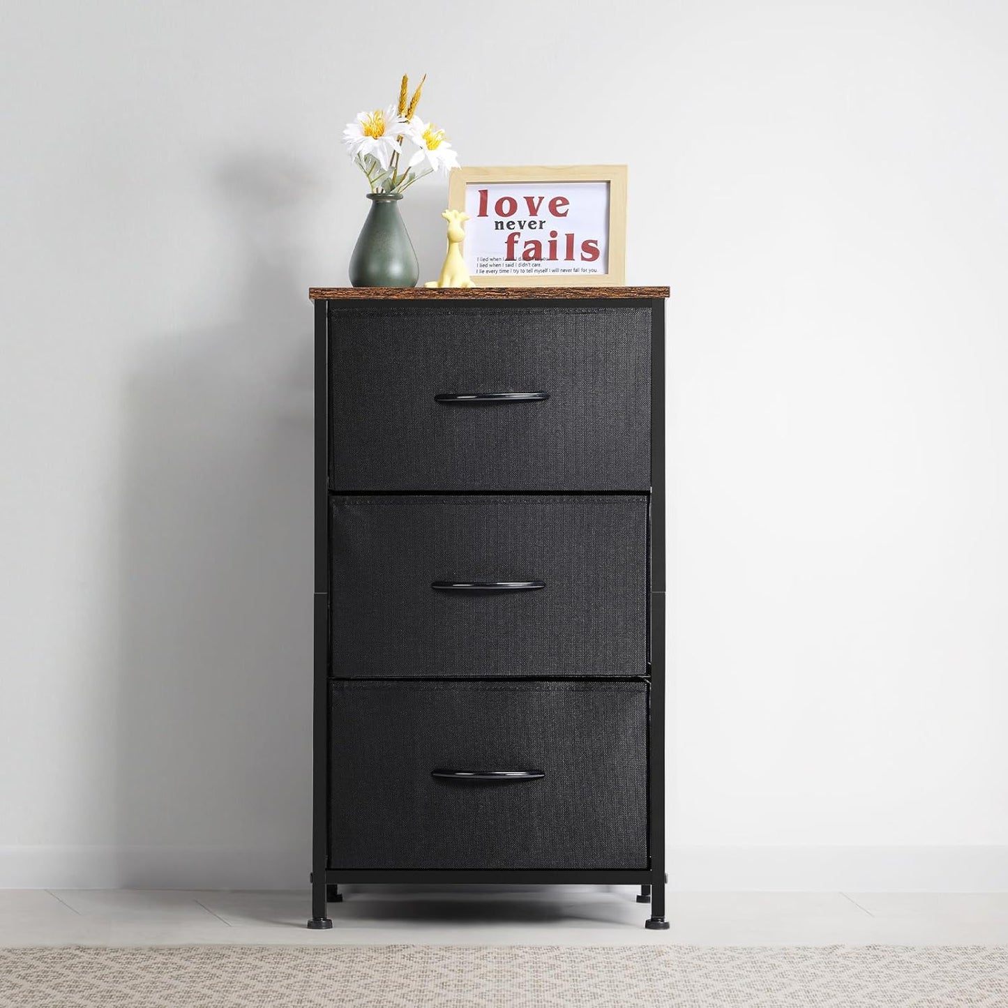 3-Drawer Fabric Dresser with Sturdy Steel Frame and Wood Top for Bedroom, Hallway, Closet, and Living Room (Black)