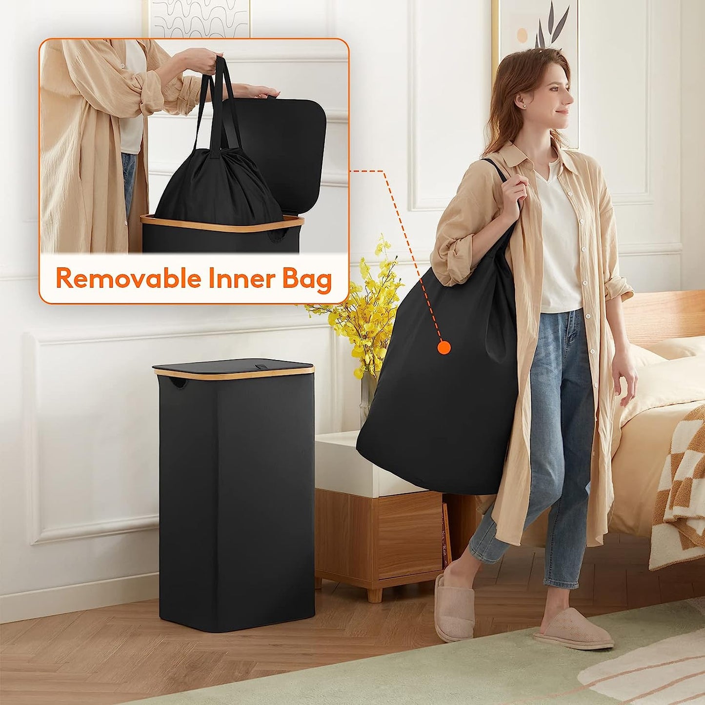 Premium Collapsible Laundry Hamper with Lid and Removable Bag, 100L Tall Storage Bin with Bamboo Handles - Black