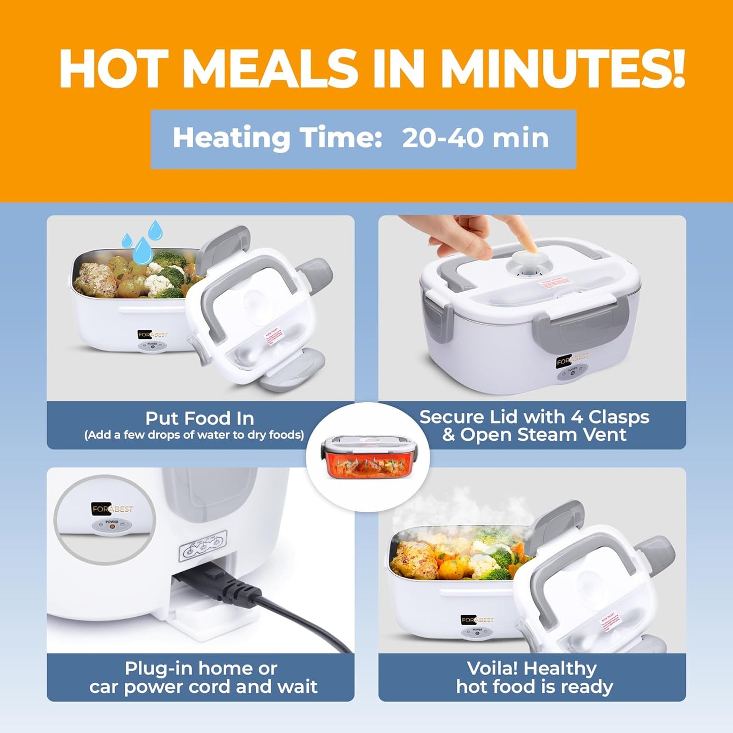 Electric Lunch Box Food Heater - 80W Portable Tiffin for Car/Truck (12/24V) & Office (110/220V) - 1.5L Heated Lunch Container
