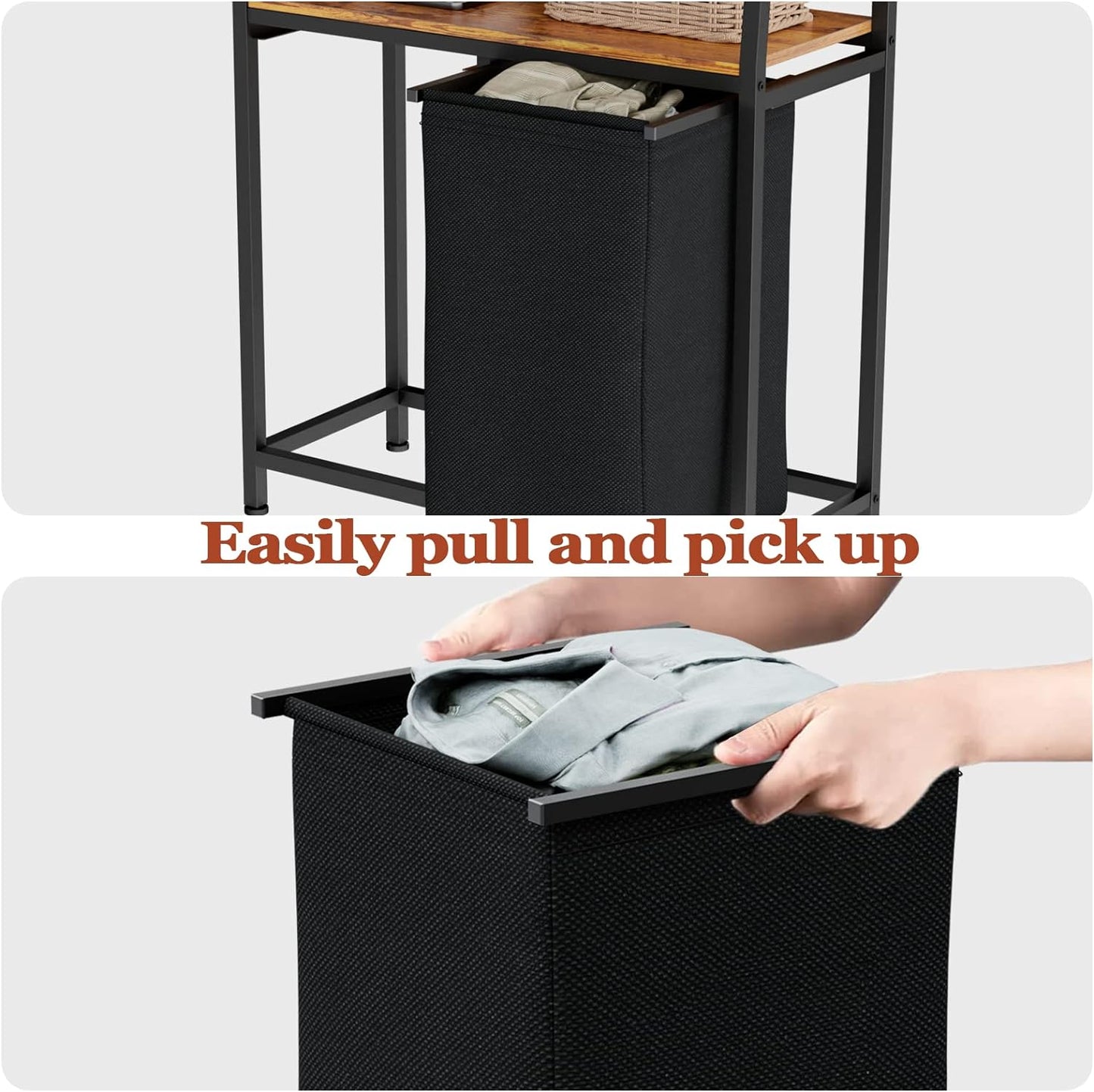 4 Tiers Laundry Hamper with Shelf and Hooks, Tall Laundry Basket Sorter with 2 Removable Laundry Bags, Ladder Shelves with Clothes Hamper for Laundry Room Bathroom Bedroom