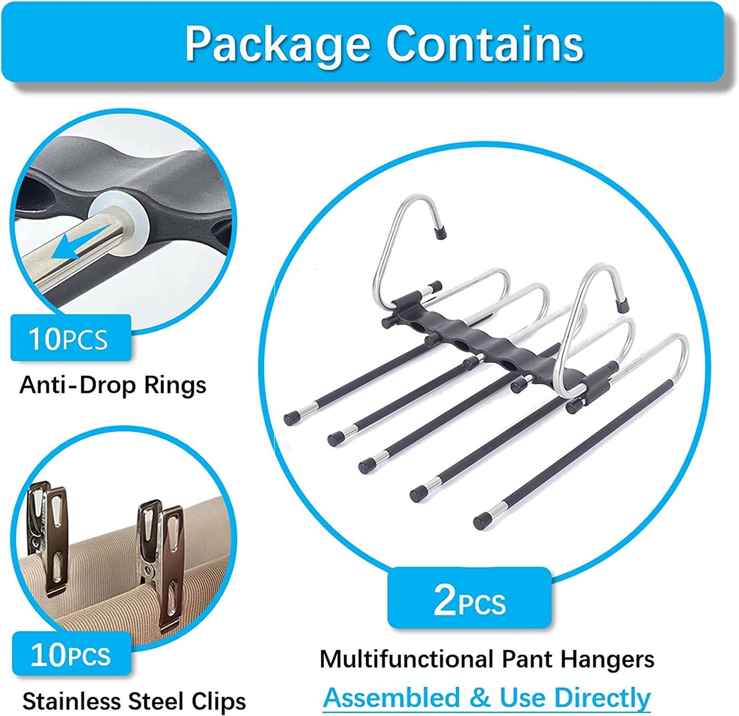 Space-Saving Magic Pants Hangers - 2-Pack Multi-Layer Rack Organizer - Trousers, Scarves, and Slacks Qty 10 Clips