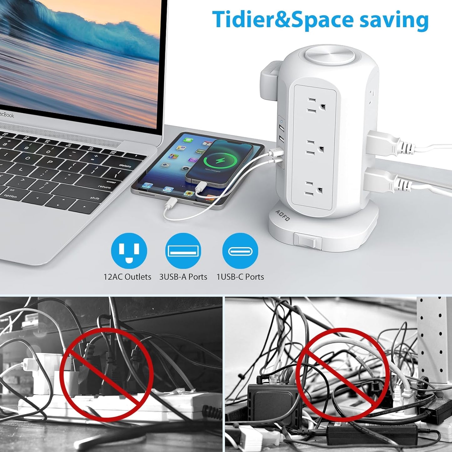 12-Outlet Tower Power Strip with 4 USB Charging Ports, Surge Protection, and 10ft Extension Cord – Ideal for Home, Dorm, and Office Use