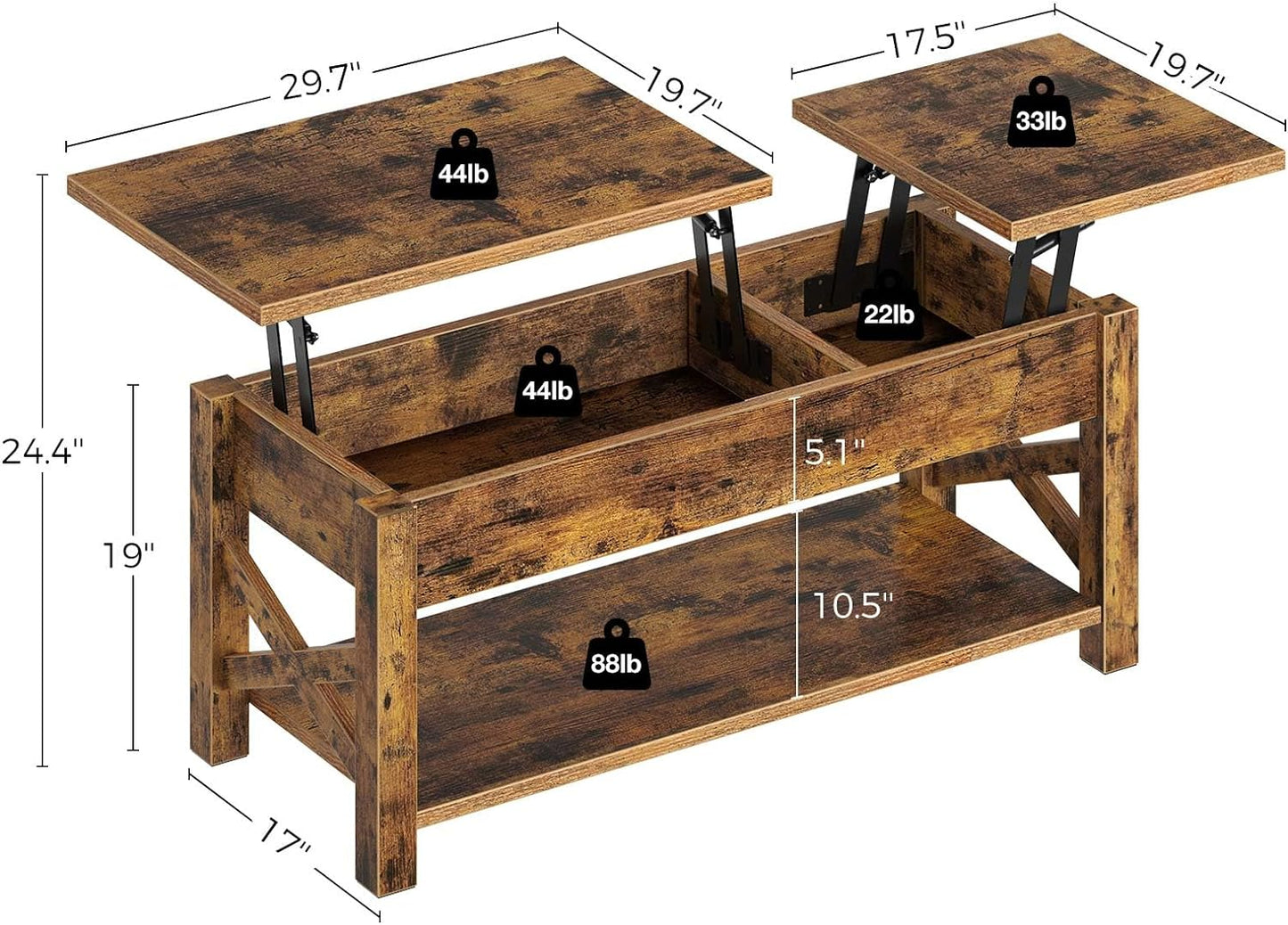 47.2" Lift Top Coffee Table with Hidden Compartment and Open Shelf, Rustic Brown Farmhouse Center Table