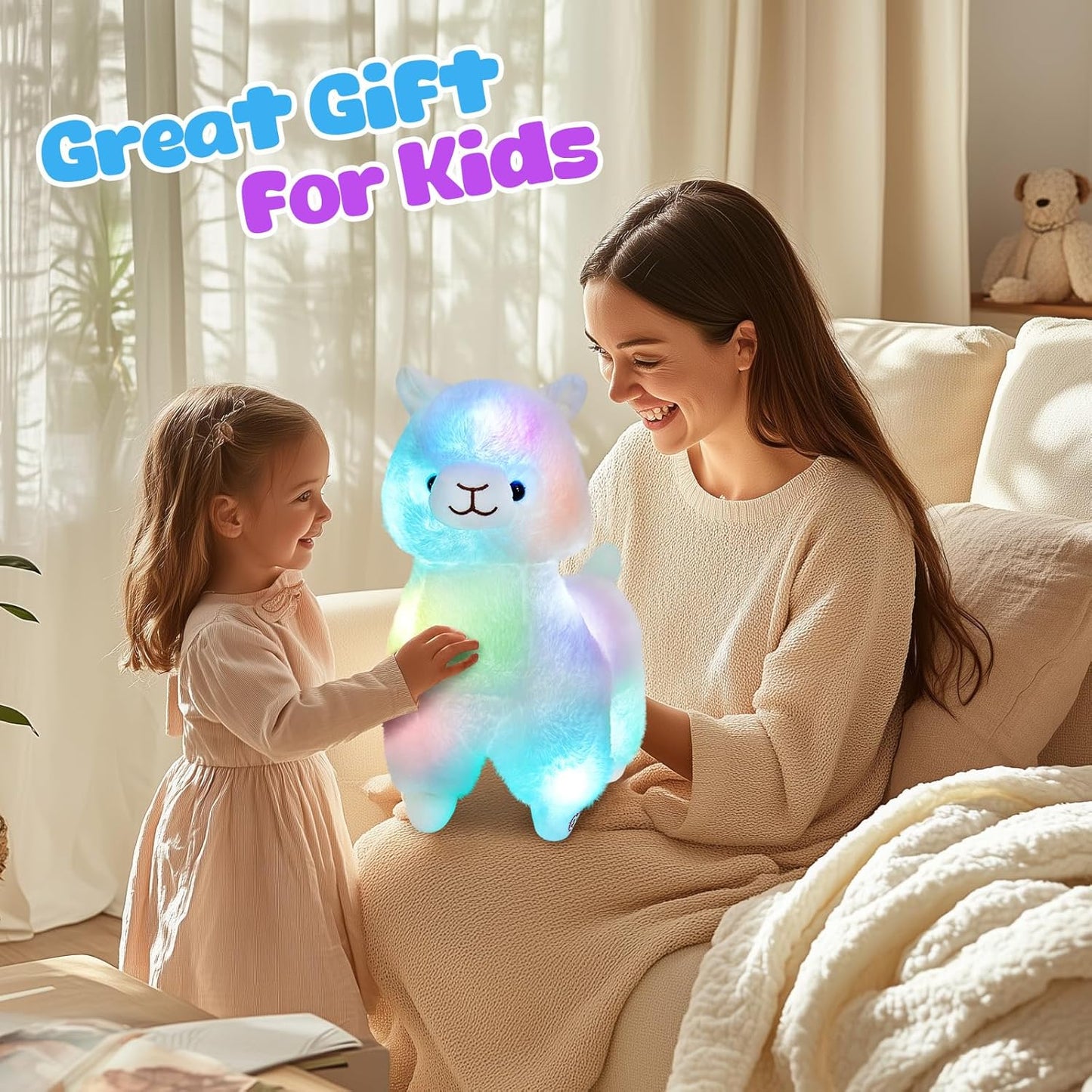 Glow White Llama LED Stuffed Animals Blushing Alpaca Soft Plush Toy Light up, 14 Inch