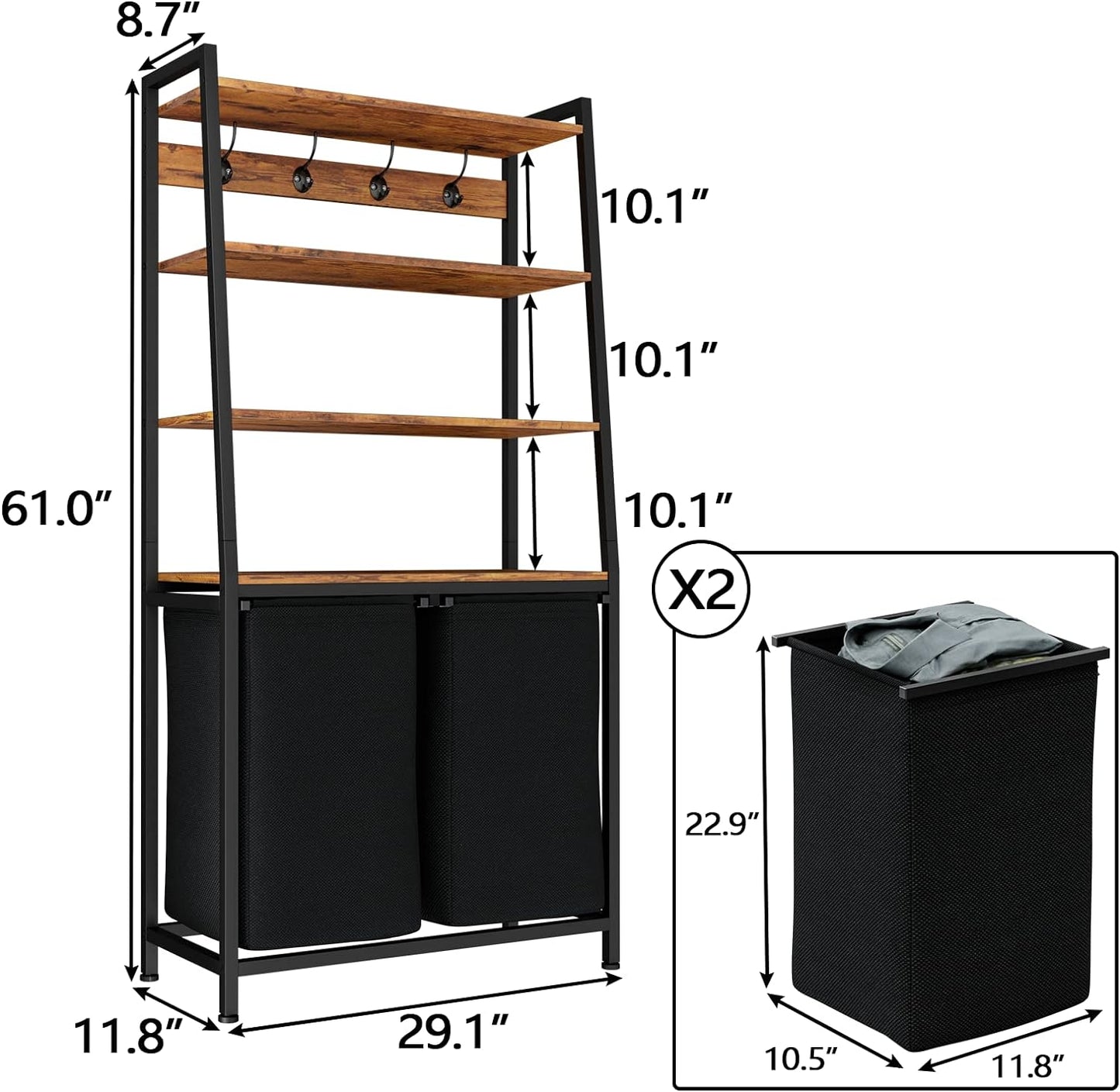 4 Tiers Laundry Hamper with Shelf and Hooks, Tall Laundry Basket Sorter with 2 Removable Laundry Bags, Ladder Shelves with Clothes Hamper for Laundry Room Bathroom Bedroom