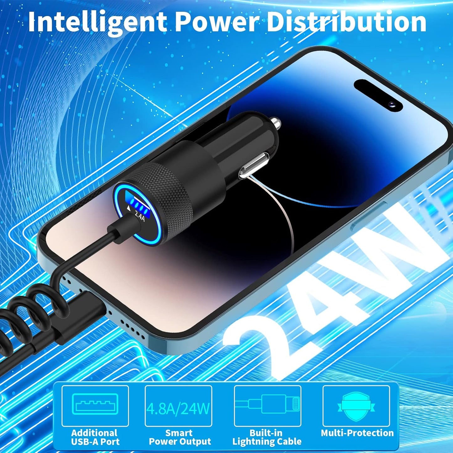 Apple MFi Certified Fast Charging Car Charger with 4.8A Output and 6FT Coiled Lightning Cable