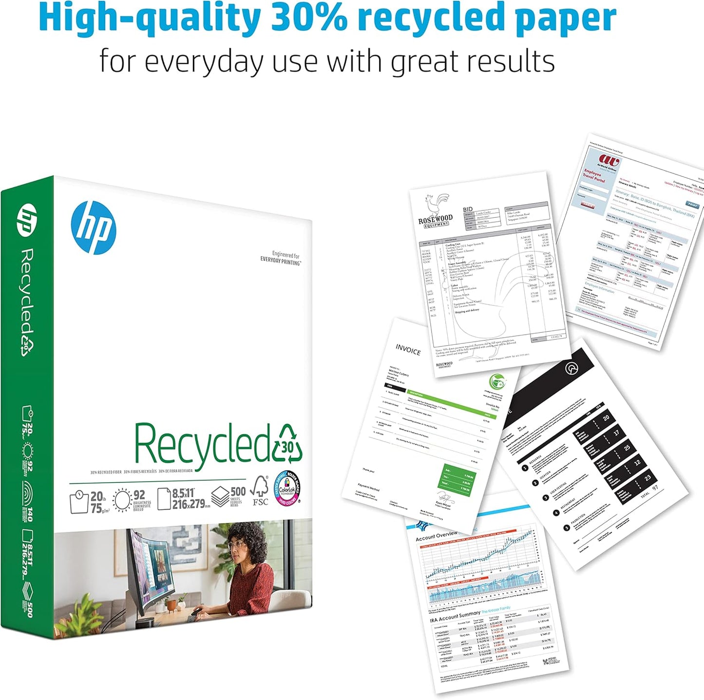 HP 8.5x11 Recycled Printer Paper, 20 lb, 30% Postconsumer Content, 500 Sheets per Ream, 92 Bright, FSC Certified, Made in USA