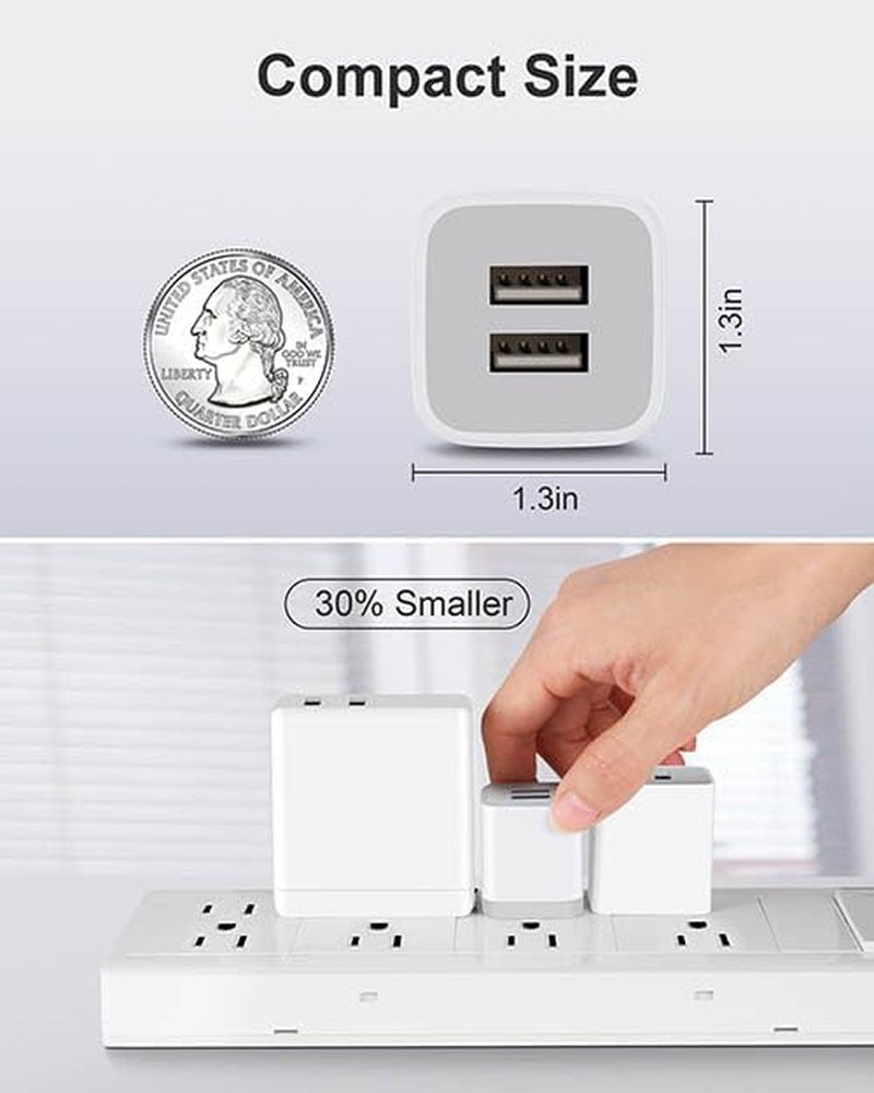 3-Pack 2.1A Dual Port USB Wall Charger - Power Adapter for iPhone, Samsung, Moto, LG, and Android Devices