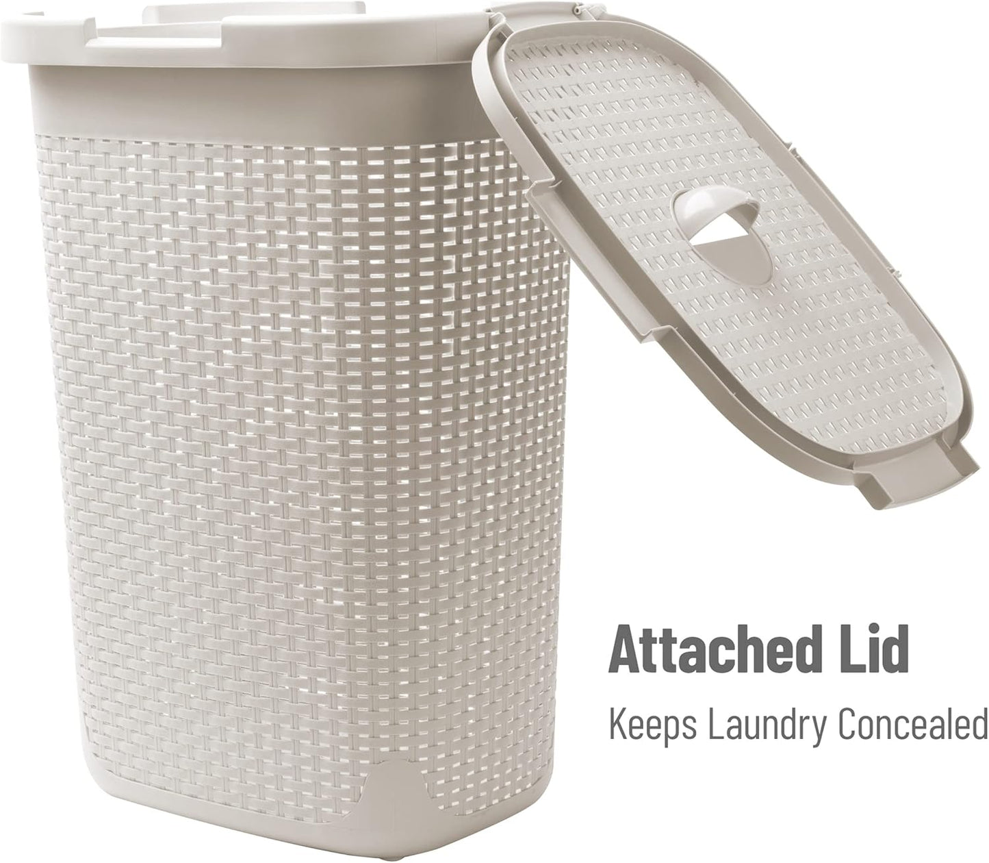 60L Slim Laundry Hamper - Lid, Wicker Design, Plastic Construction, Dimensions: 44.8L x 34.9W x 61.3H cm, Ivory