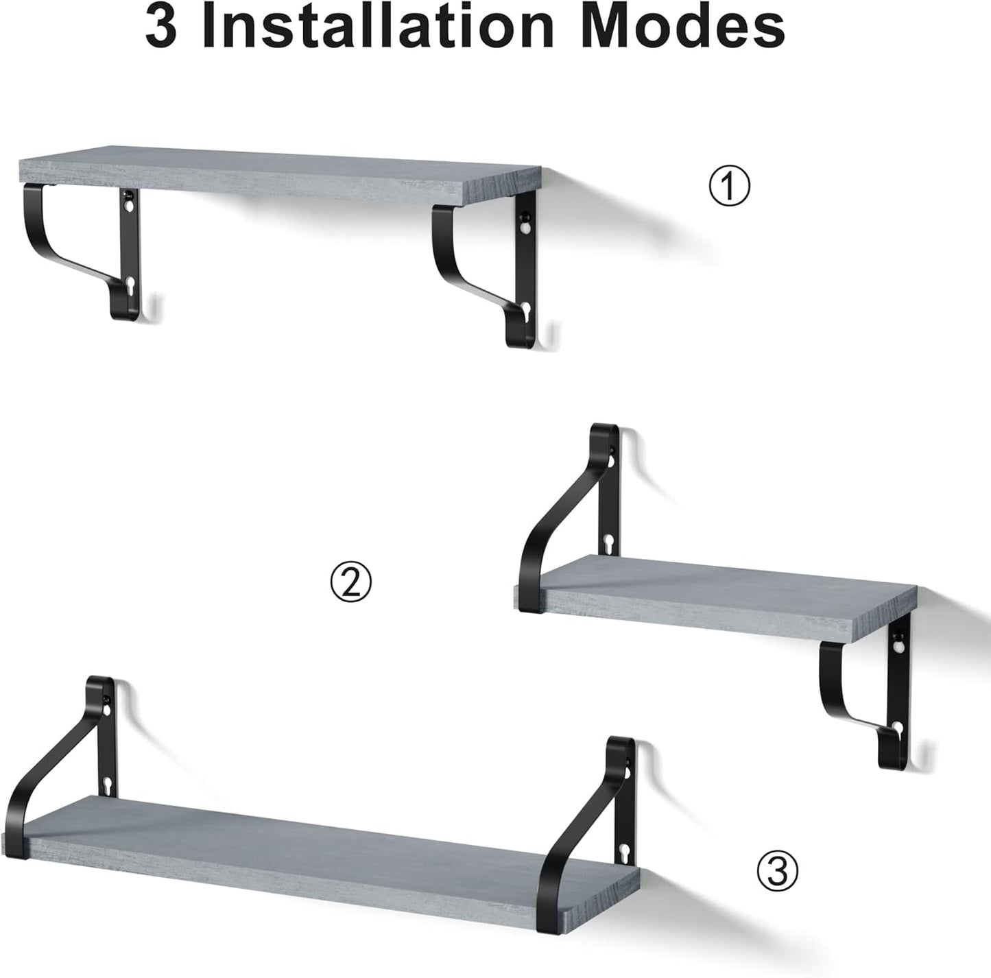 Set of 3 Rustic Wall-Mounted Floating Shelves in Weathered Grey Wood for Versatile Home Decor